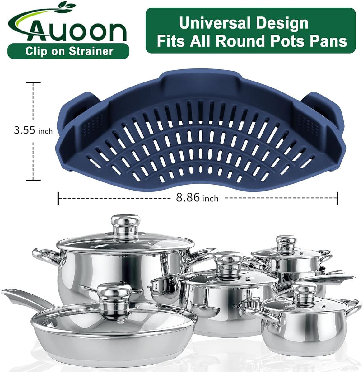 AUOON Clip On Strainer Silicone for All Pots and Pans, Pasta Strainer Clip on Food Strainer for Meat Vegetables Fruit Silicone Kitchen Colander (Navy)