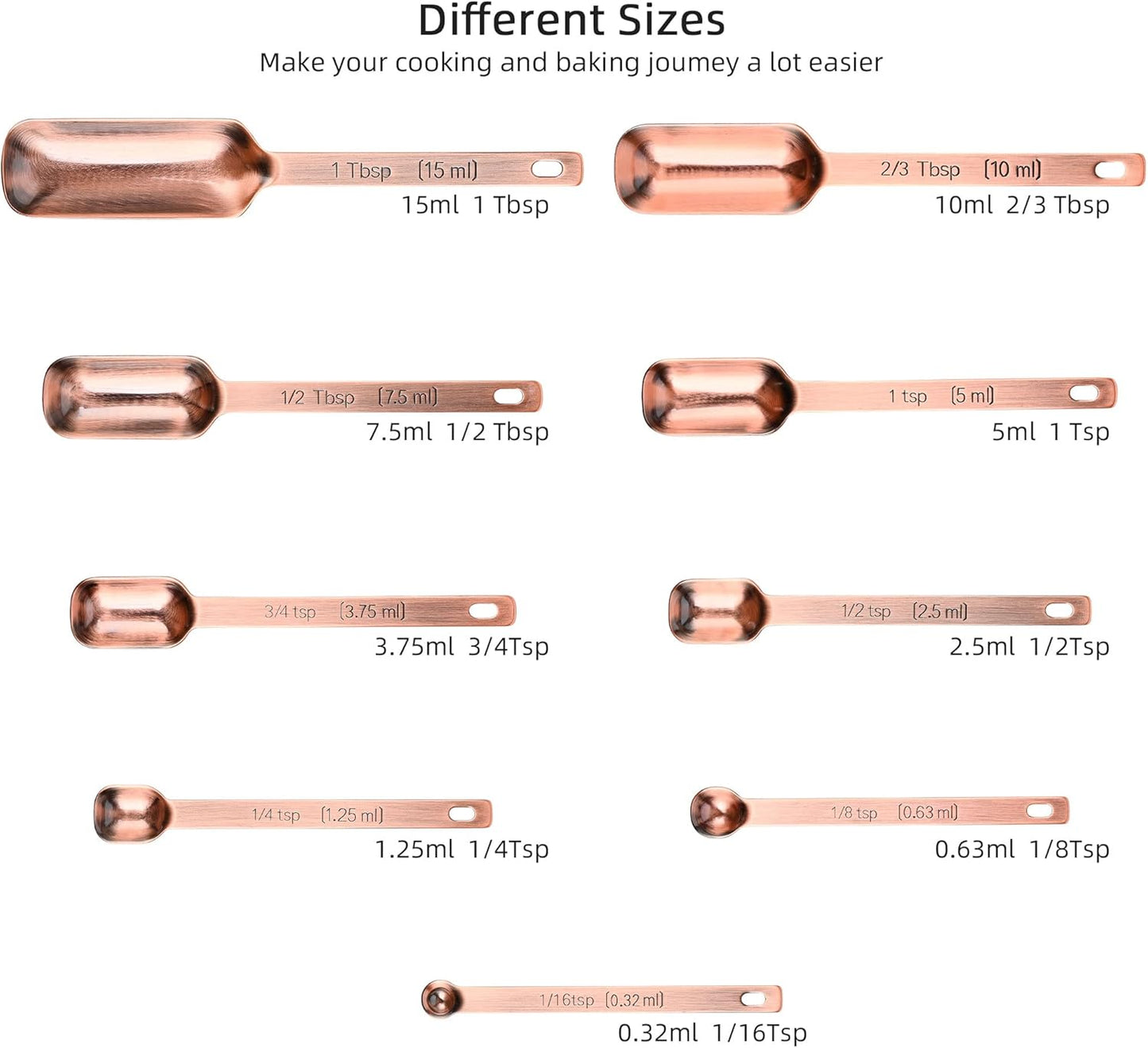 Copper Measuring Spoons Set, 10-Piece Stainless Steel Measuring Spoons Set with Leveler, Metric&US Metal Measuring Spoon -1/16, 1/8, 1/4, 1/3, 1/2, 3/4 Tsp, 2/3 Tbsp Long Spoons for Spice Jar