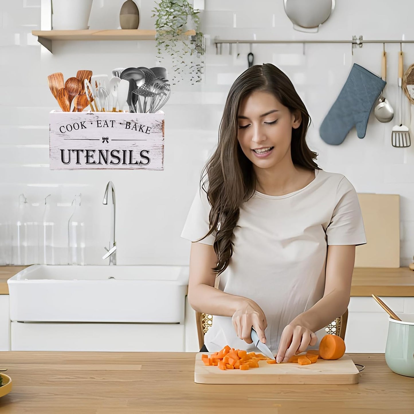 Kitchen Utensil Holder for Counter or Countertop, Extra Large Wood Organizer with 3 Compartments, Wooden Storage for Cooking and Silverware, Rustic Minimalist Decor, Sturdy Utensil Crock-White
