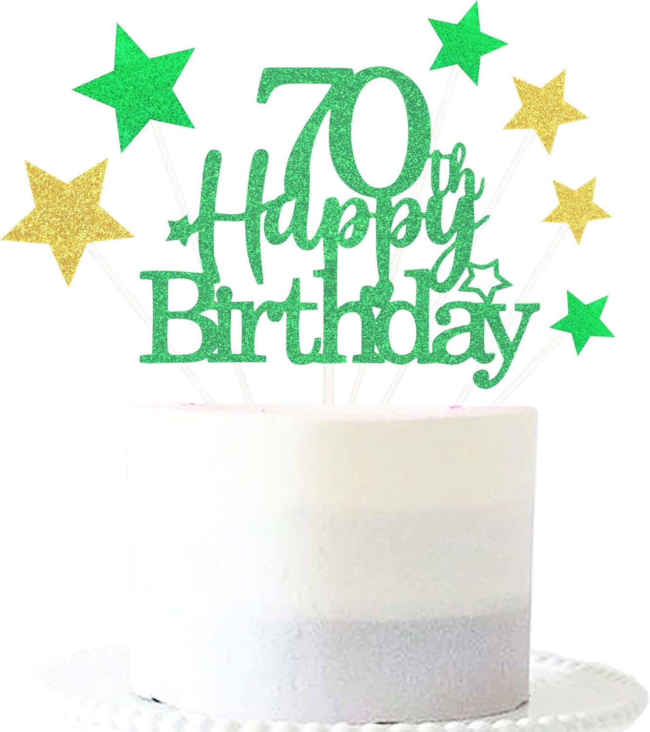 Glittery 70th Happy Birthday Cake Topper with Star,Personalised 70 Birthday Cake Toppers Party Decorations Party Supplies for Boys Girls Green Gold