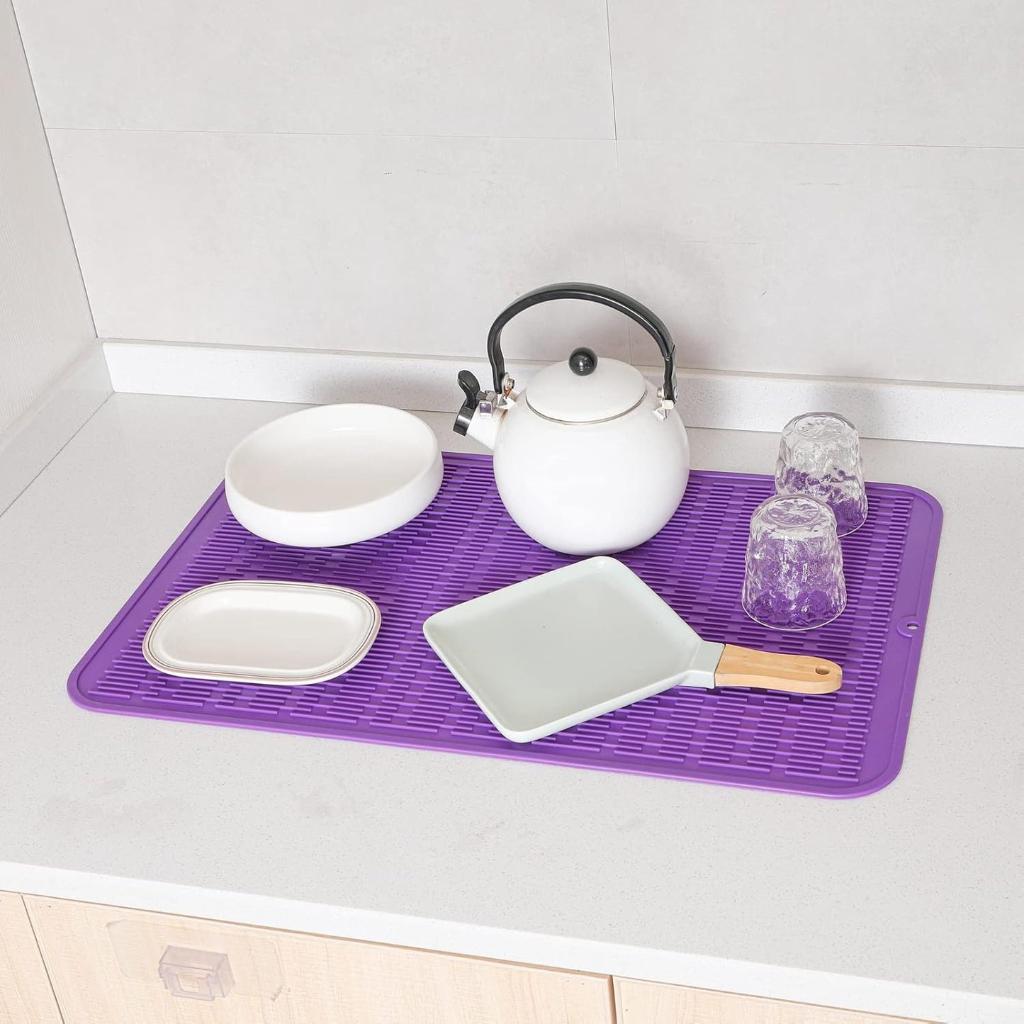 Silicone Dish Drying Mat for Multiple Usage,Easy clean,Eco-friendly,Heat-resistant Silicone Mat for Kitchen Counter or Sink,Refrigerator or Drawer Liner Purple 3XL 28 inches x 18 inches
