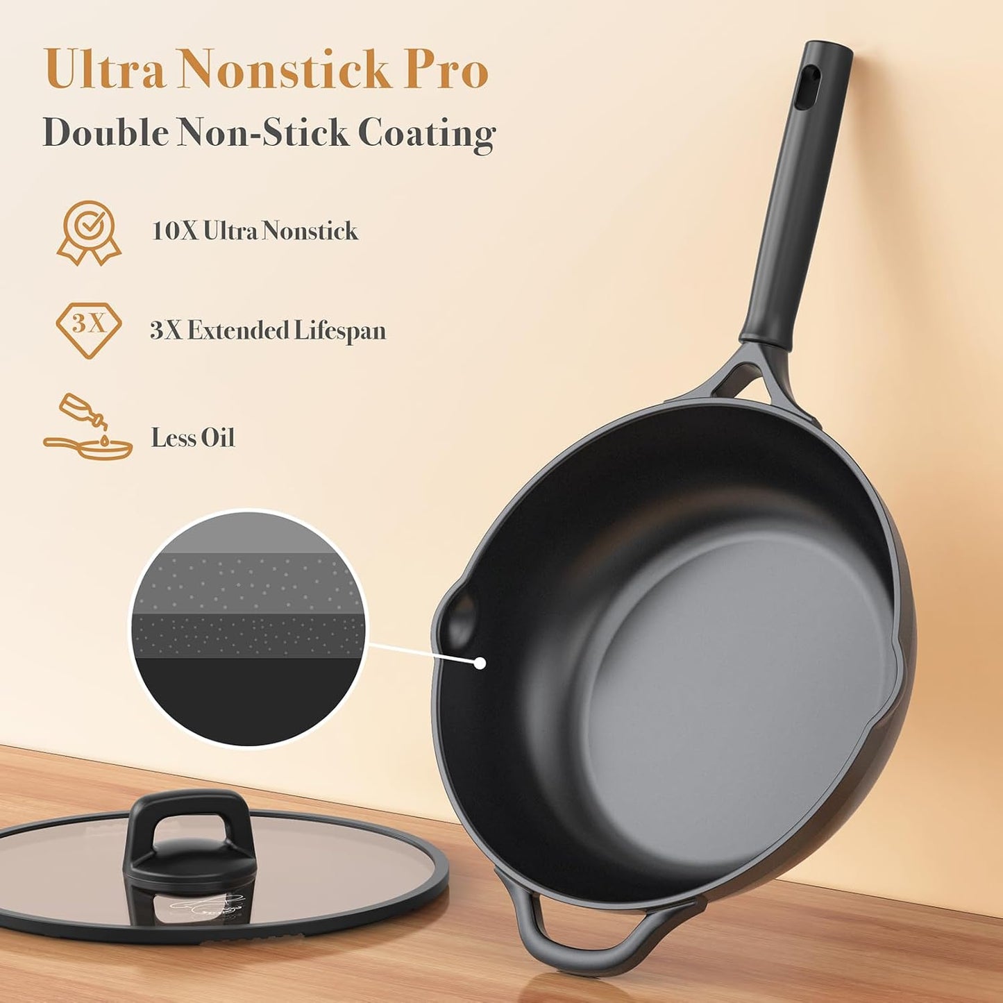 PekGema Nonstick Pots and Pans Set, Non Stick Cookware Set 14 Pcs, Induction Cooking Set with Pour Spouts and Oven Safe for Casserole, PFOA FREE, Classic Black
