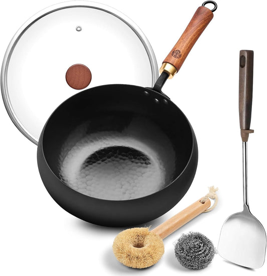 WANGYUANJI 9.5-Inch Wok Pan with Lid – Handmade Round Cooking Wok, Deep Frying Pan with Detachable Wooden Handle, No Chemical Coated Wok Flat Bottom for Induction & Gas Stoves