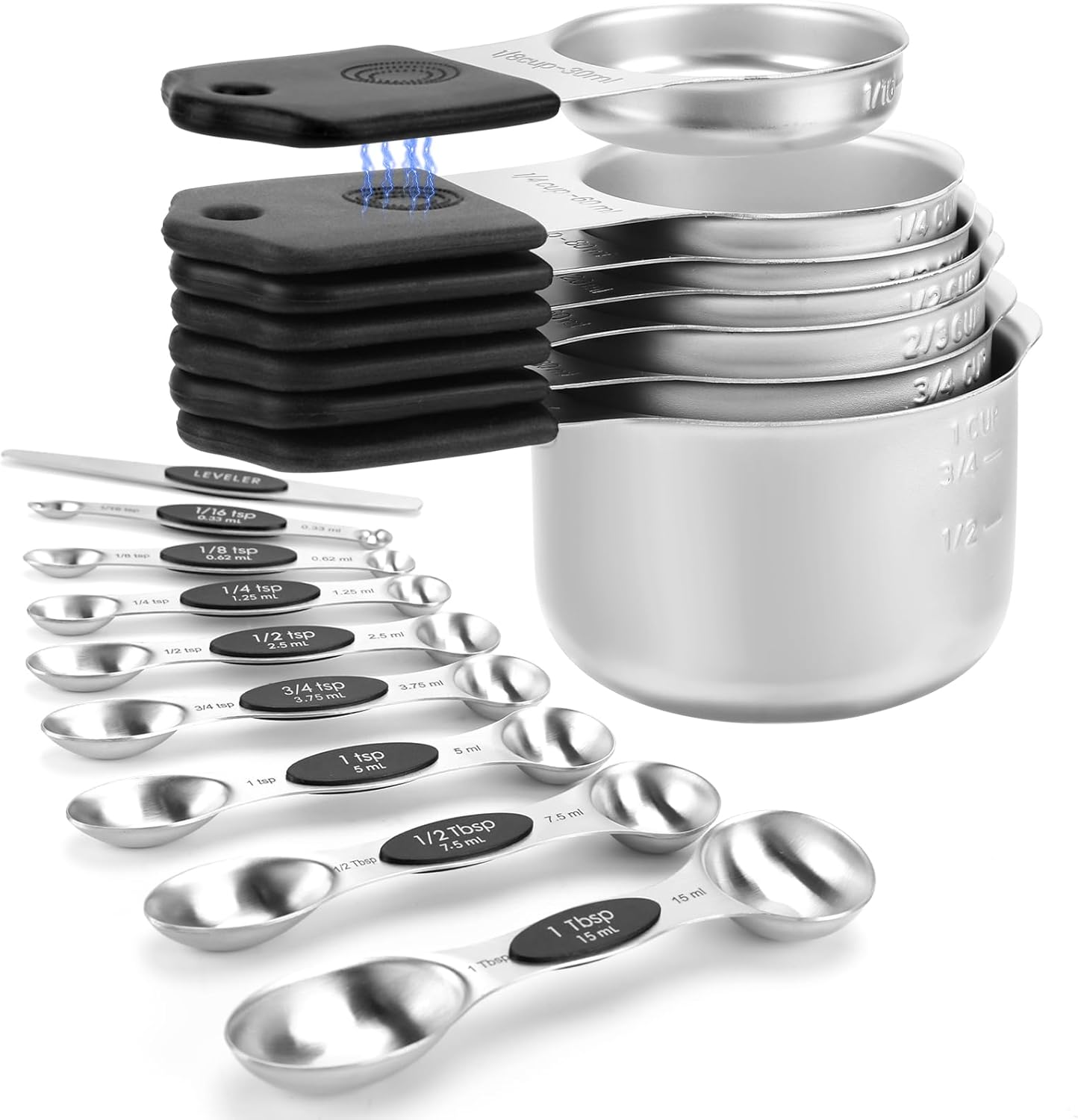 Magnetic Measuring Cups and Spoons Set-Heavy Duty 304 Stainless Steel，Double Measurement Markings，Set of 16 with Leveler for Measure Dry and Liquid Ingredients (Black)
