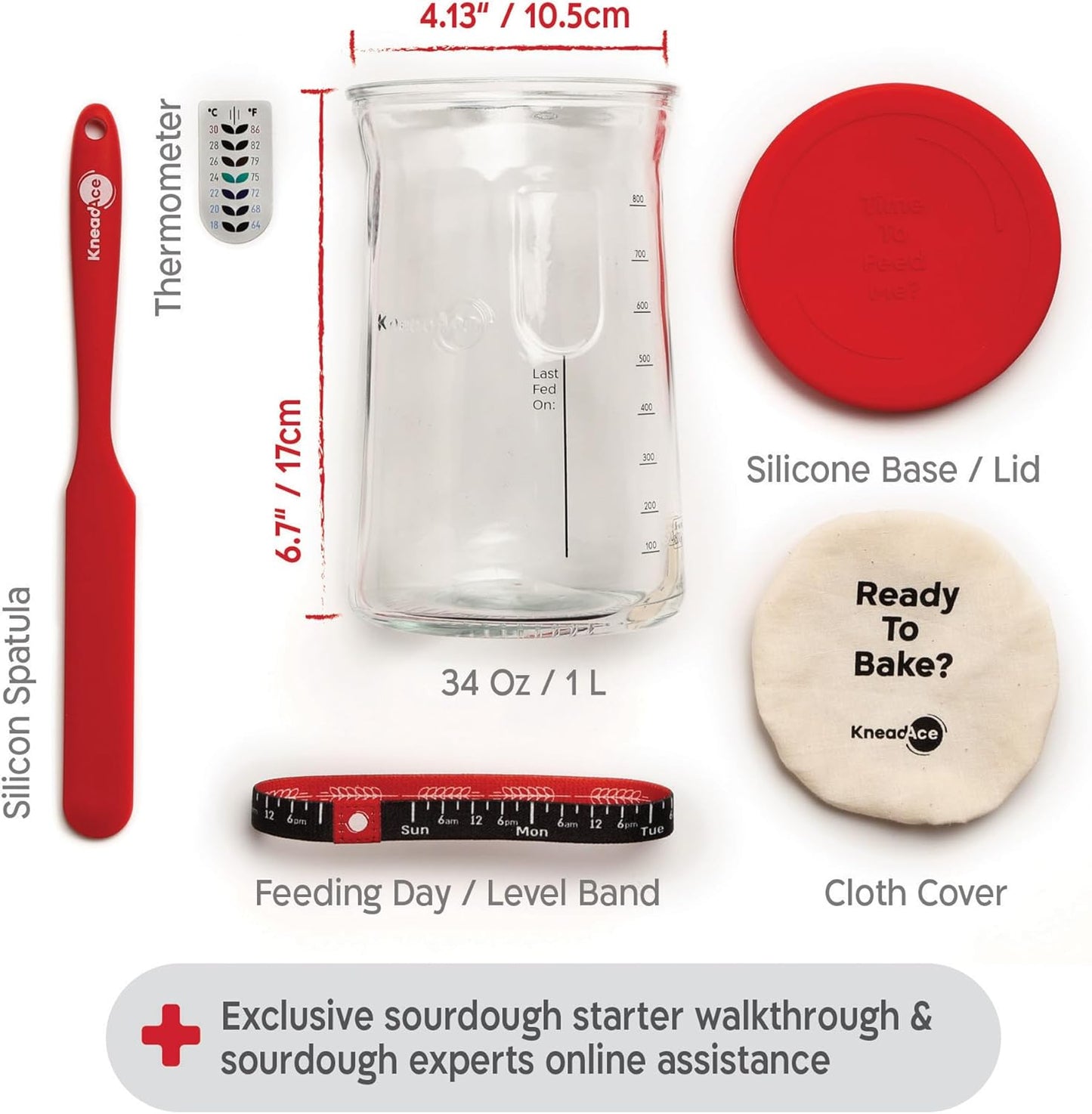 KneadAce Sourdough Starter Kit – 34oz Starter Jar, 2 Cotton Rope Banneton Proofing Baskets, Magnetic Bread Lame for Scoring – Gift for Bakers & Complete Sourdough Bread Baking Set