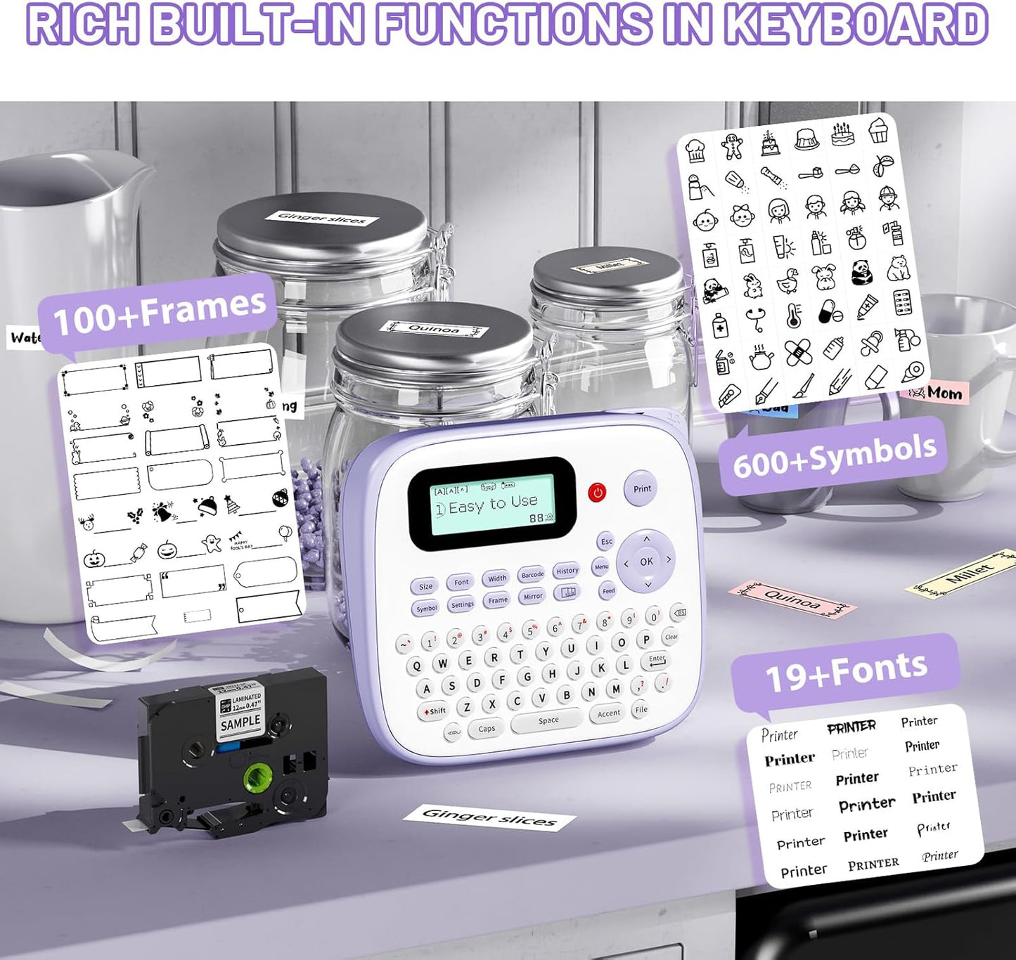 Label Maker Machine with-Tape Waterproof, Purple Desktop Label Maker for Teachers Kids Classroom, Portable Labeler with Multiple Symbols &Fonts for Home Office School Use, D210S