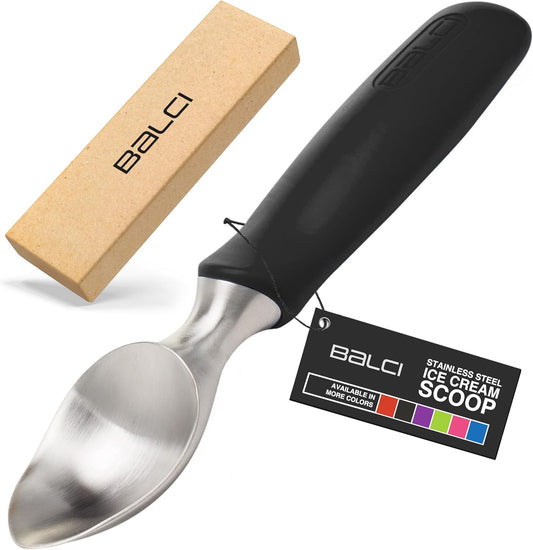 BALCI Ice Cream Scoop - Heavy Duty Stainless Steel Icecream Scooper With Non-Slip Rubber Grip - Professional Metal Ice-Cream Spade - Dishwasher Safe – Black