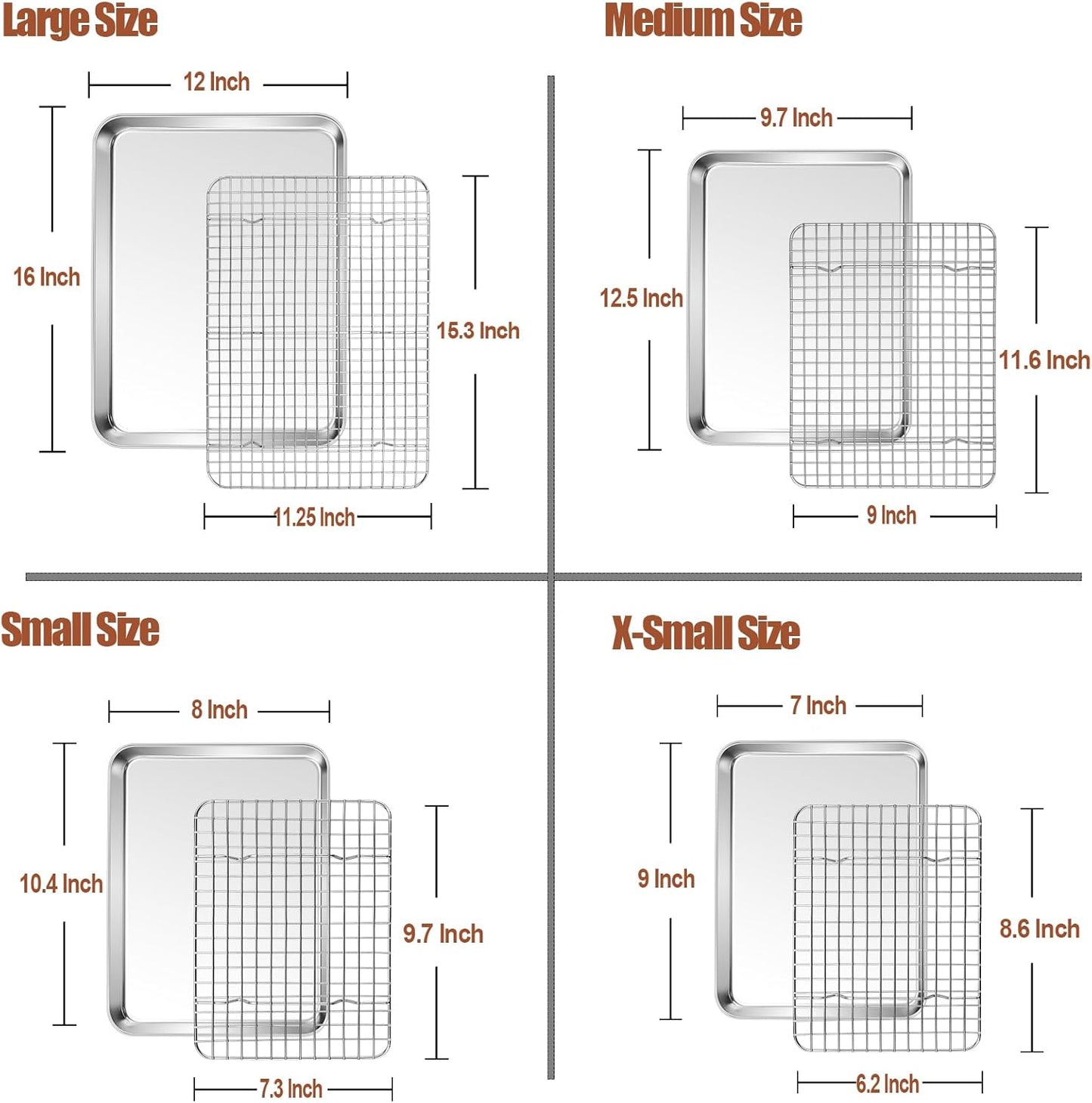 P&P CHEF 16 + 12.5 + 10.4 + 9 Inch Baking Sheet and Rack Set, Stainless Steel Cookie Sheets Oven Baking Pans Trays with Cooling Racks for Cooking & Roasting, Oven & Dishwasher Safe, (8Pcs)
