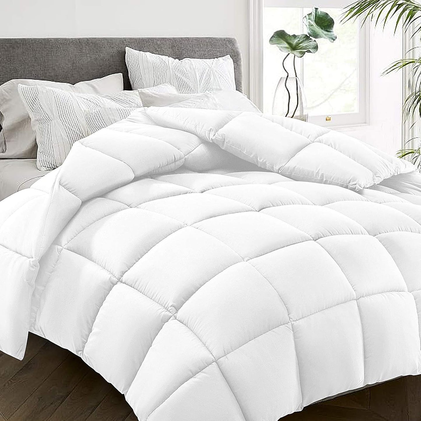 HYLEORY All Season Full Size Bed Comforter - Cooling Goose Down Alternative Quilted Duvet Insert with Corner Tabs - Winter Warm - Machine Washable - White