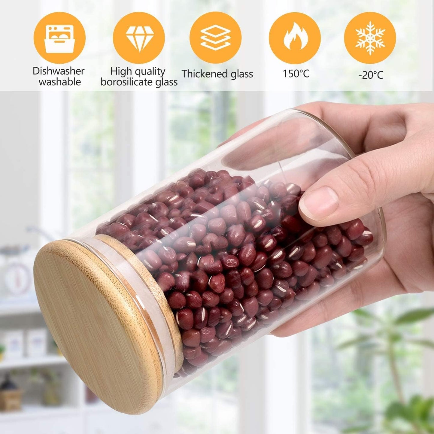 Glass Jars with Bamboo Wooden Airtight Lids 6oz 10oz Spice Jars Food Storage Containers for Home Kitchen, Tea, Salt, Pepper, Spices, Coffee, Herbs, Grains (10 OZ, 6 PCS)