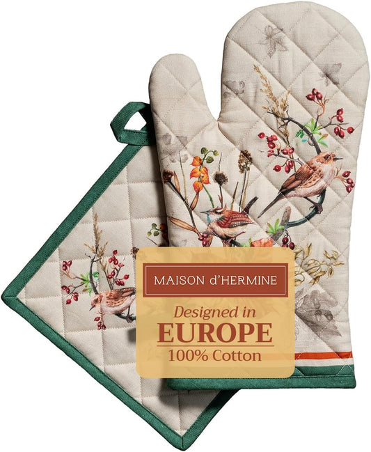 Maison d' Hermine 100% Cotton Oven Mitt & Pot Holder Set (7.5"x13" & 8"x8") Heat Resistant BBQ Cooking Gloves with Loop, Baking, Grilling, Kitchen, Handling Hot Pans (Recolte)
