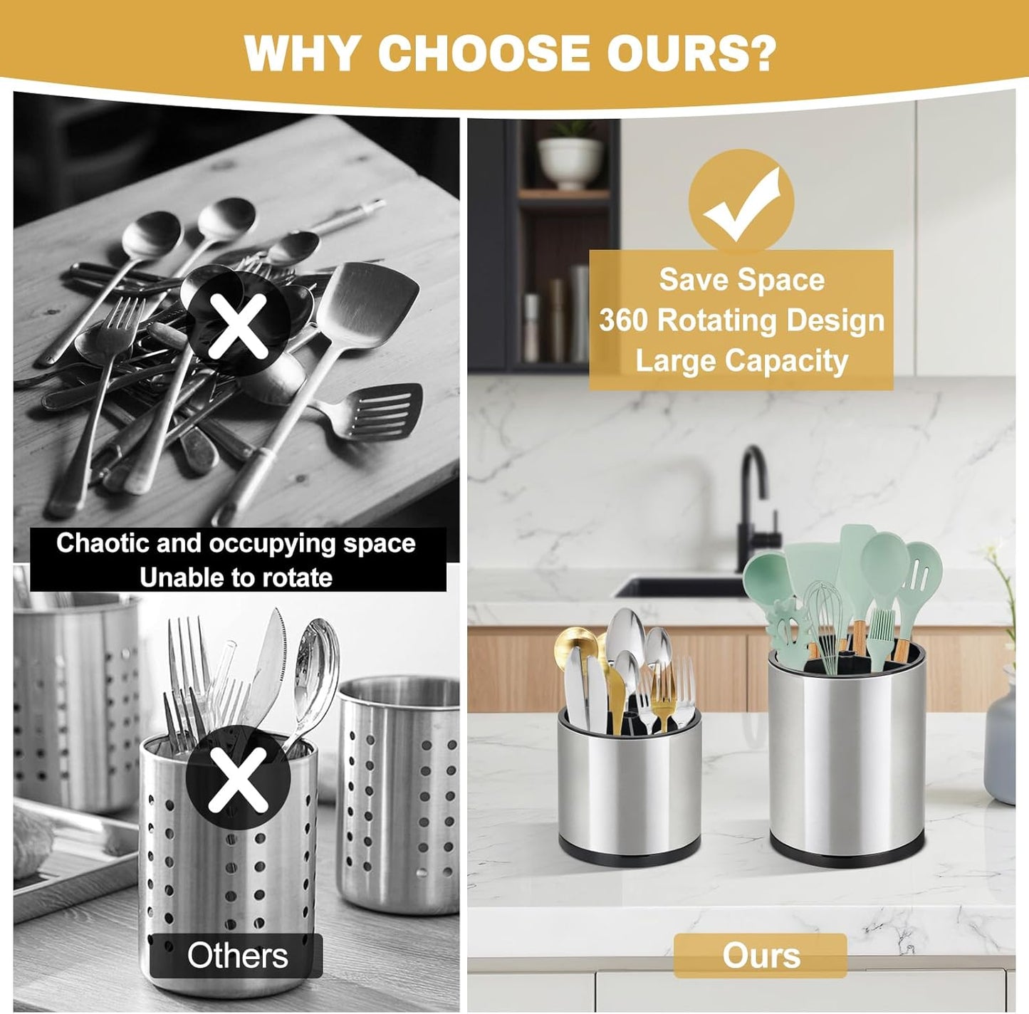 2Pack Kitchen Utensil Holder Set - 360° Rotating Stainless Steel Large Cooking Utensil Stand for Counter, 3 Compartment Flatware Caddy with Removable Base for Knife, Fork & Spoon Organizer - Sliver