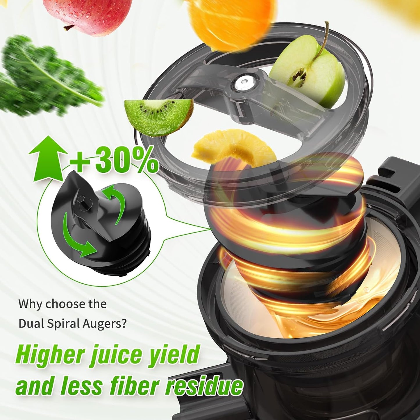 Cold Press Juicer, 5.7" Extra Large Feed Chute, Juice Extractor Machine with Dual Auger, Slow Masticating Juicer for Whole Vegetables and Fruits, High Juice Yield, Easy to Clean, BPA Free