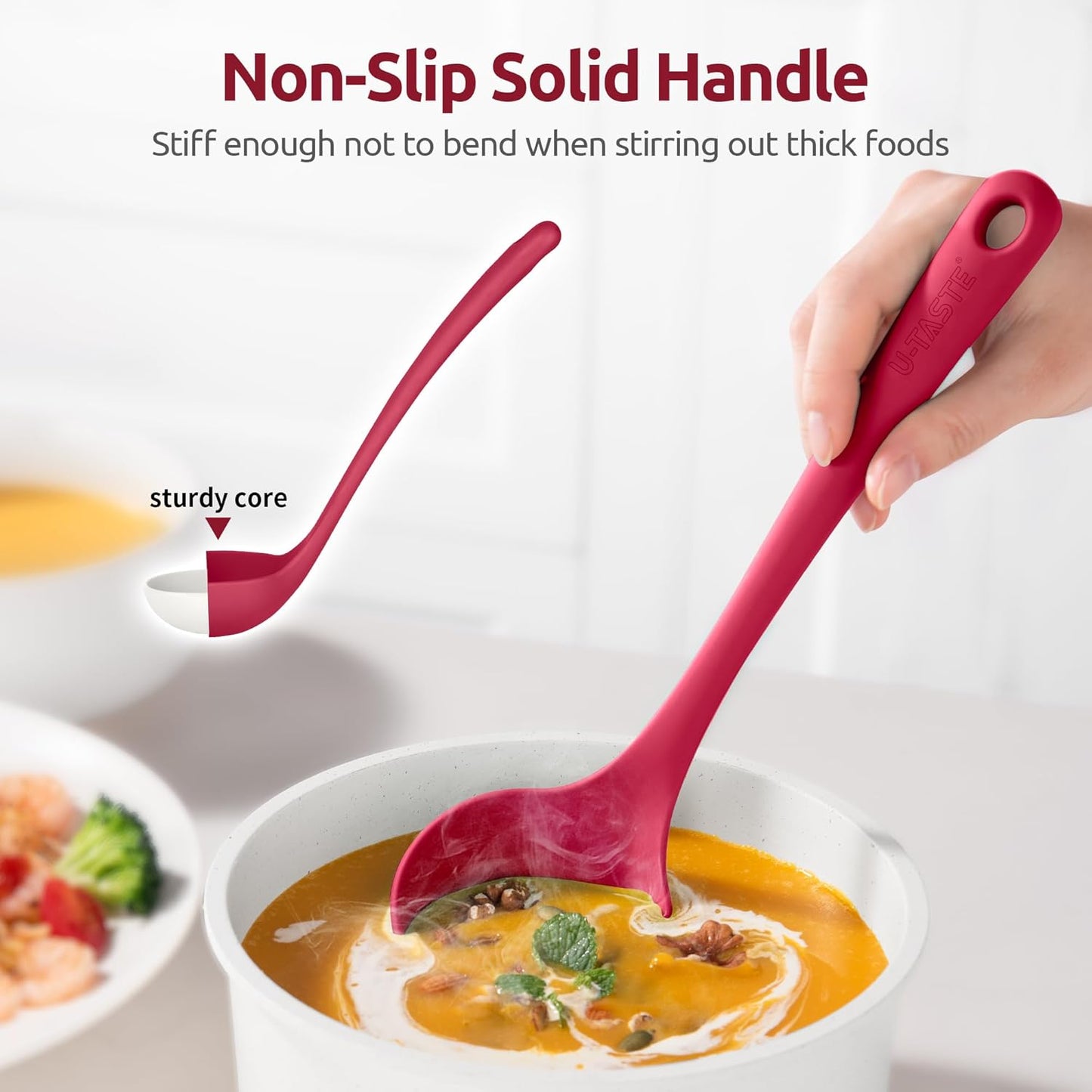 2.6oz Small Silicone Soup Ladle: U-Taste 600ºF Heat Resistant Non-Stick Kitchen Deep Serving Spoon, Soft Cooking Utensil with Non-Slip Solid Handle for Mixing Sauce Stew Gravy (11in, Red)