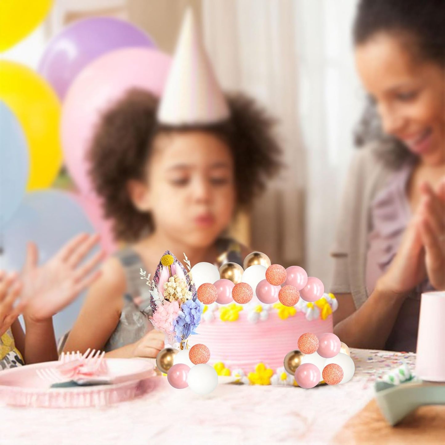 Gyufise 21 Pack Flower Boho Cake Topper Ball Cake Decorations Palm Leaves Plants Cake Decor for Girl Bohemian Princess Theme Wedding Baby Shower Birthday Party Supplies Pink