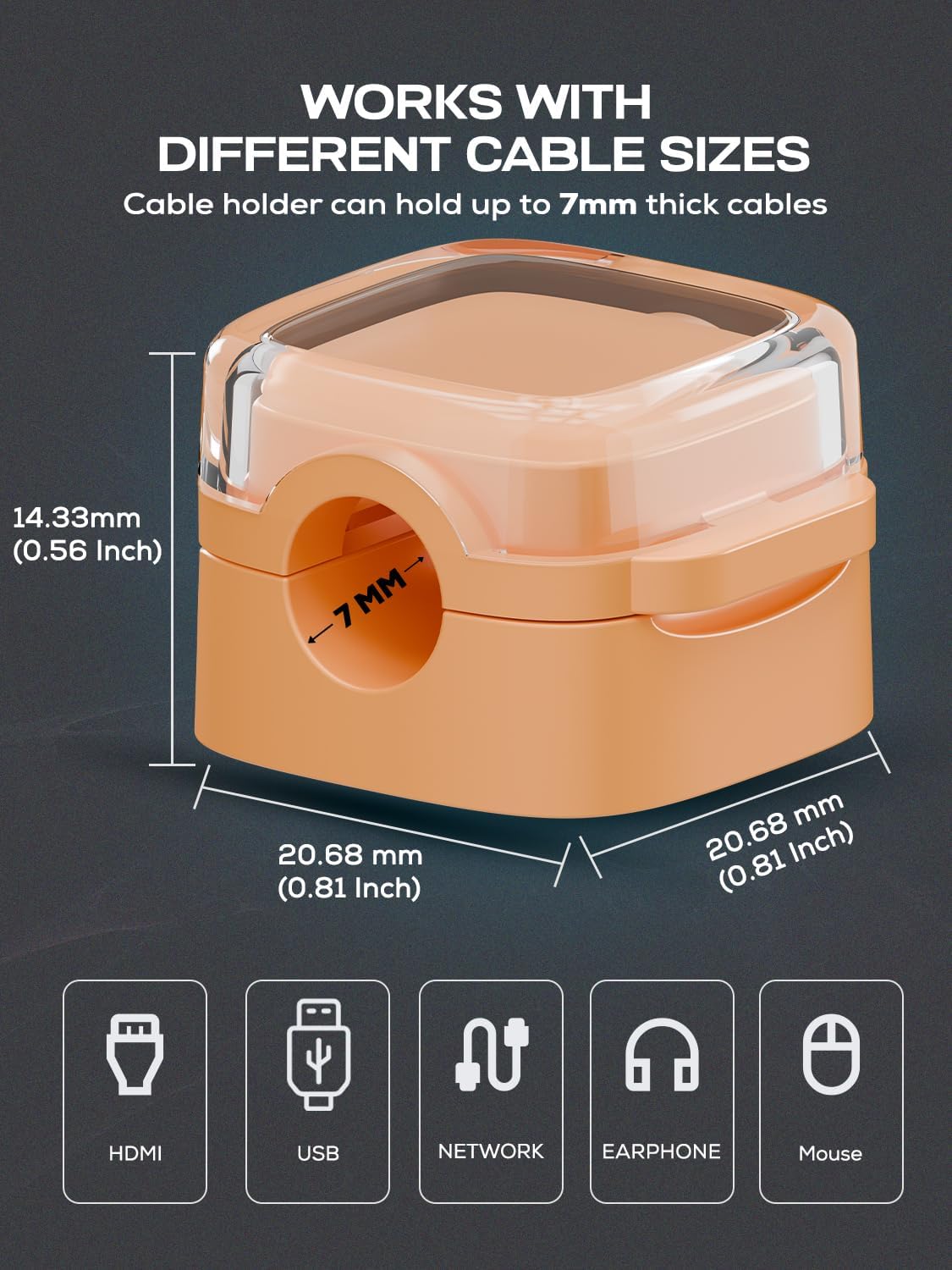 6-Pack Magnetic Cord Holder, Cord Holder with Strong Magnetic Lid, Holds Cables Firmly, 7 mm Charger Holder & HDMI Cord Organizer Clips, Strong Adhesive Pad (Orange)