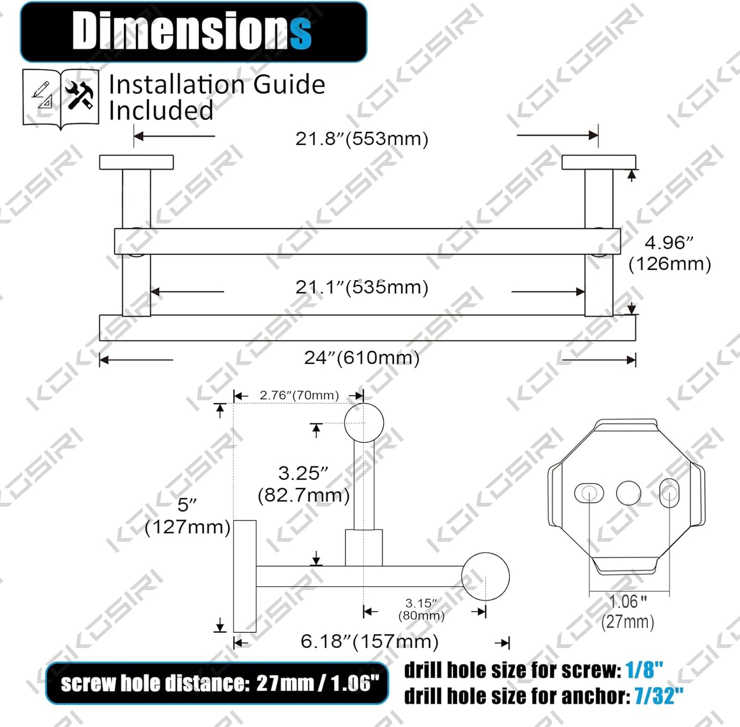 KOKOSIRI 24-Inch Towel Bars Double Bath Towel Rails Bathroom Holder Racks for Cabinet Kitchen Brushed Gold Stainless Steel B5009BG-L24