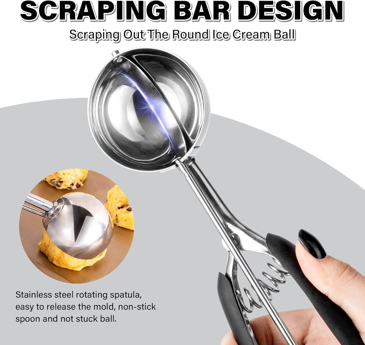 Cookie Scoop 4 Tbsp, TJ POP Professional Stainless Steel Ice Cream Scoop 60 mm, Soft Grips, Quick Trigger Release, 60 ml