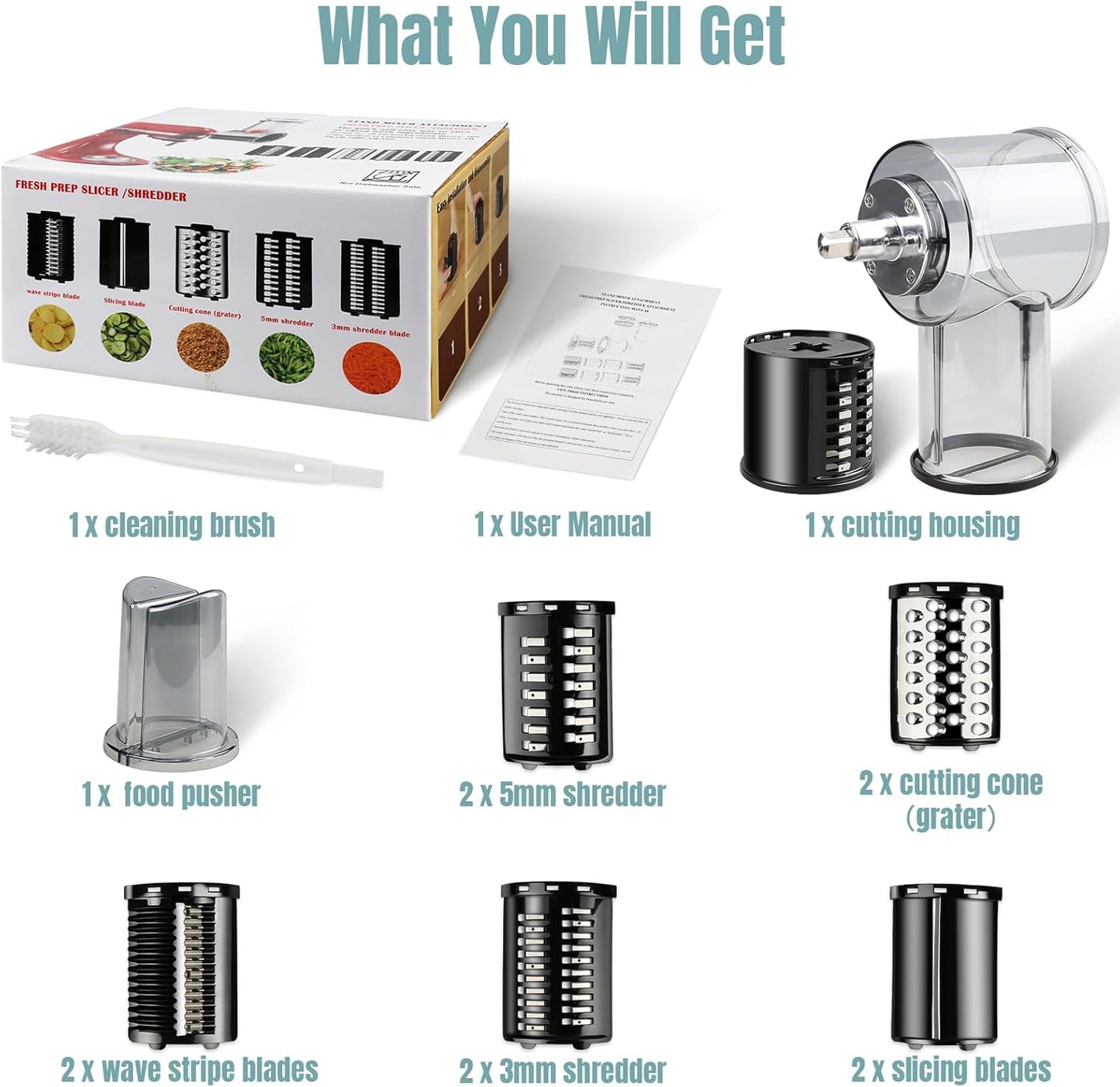 Stainless Steel Slicer Shredder Attachments for KitchenAid Stand Mixers, Vegetable Shredder, Cheese Grater, Salad Maker, Food Slicers Chopper Grinding Powder Accessories with Detachable 5 Blades