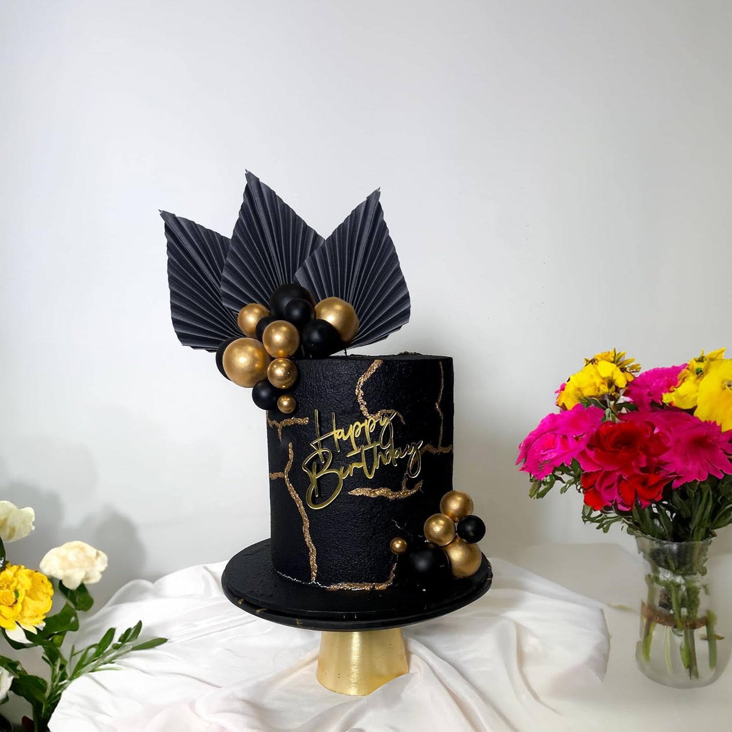 Gyufise 6Pcs Paper Palm Fan Cake Toppers Palm Spear Leaves Fan Cupcake Toppers Cake Insert Decorations Craft DIY Cake Bakeware Decoration for Birthday Party Wedding Party Decor Supplies Black