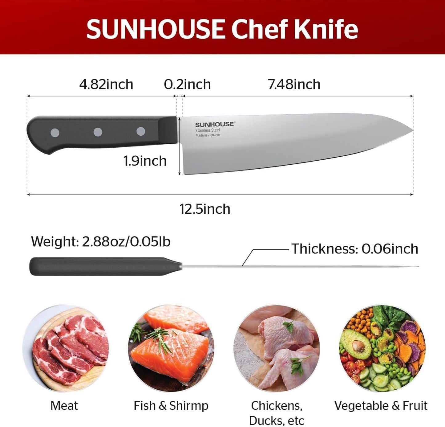Sunhouse Chef Knife, 7.5 Inch High Carbon Stainless Steel Sharp Kitchen Knife with Ergonomic Handle, Ultra-durable 2-layer Molded Handle, A Useful Chef Gift for Mom and Dad