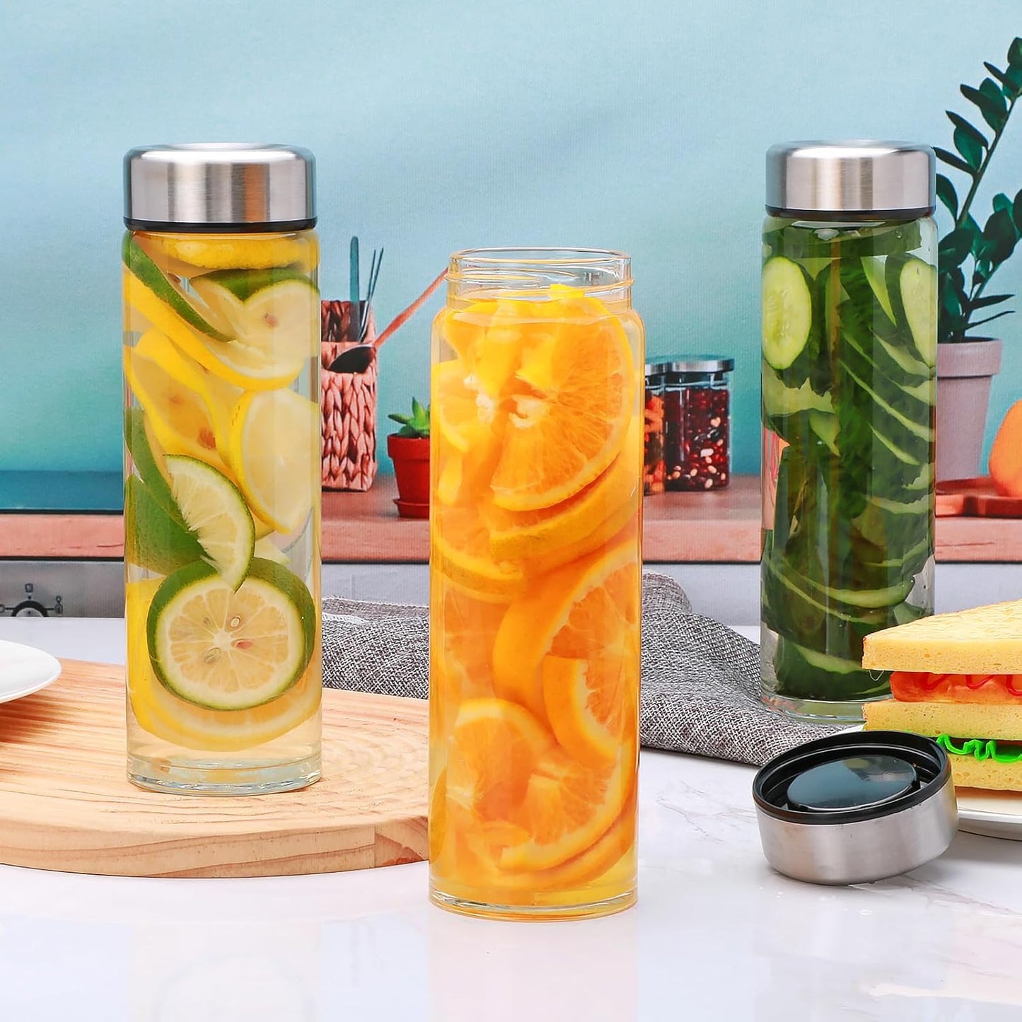 16oz Juice Bottles with Lids,4 Pack Wide Mouth Glass Bottles with Stainless Steel Cap,Reusable Glass Water Bottles for Juicing, Smoothies, Infused Water,Beverage Storage,BPA Free,Leakproof