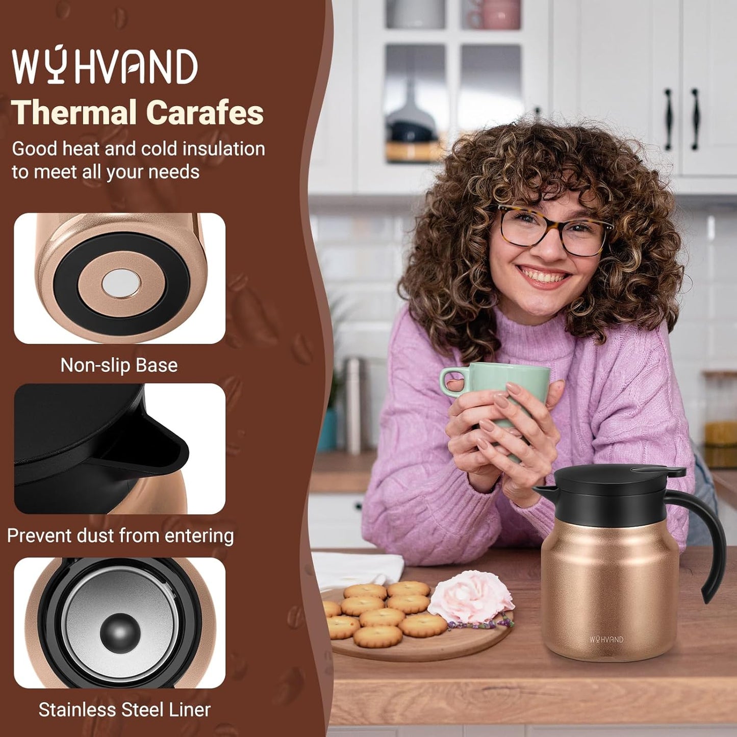 27Oz Thermal Coffee Carafes For Keeping Hot/Cold, Stainless Steel Coffee Carafe, Dustproof Insulated Water Carafe for Party/Home, Copper