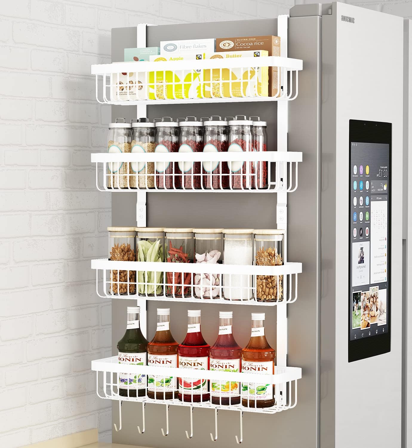 Warome Magnetic Spice Rack for Refrigerator, 4 Tier Shelf Organizer with Strong Magnets, Kitchen Storage Gadget with Utility Hooks