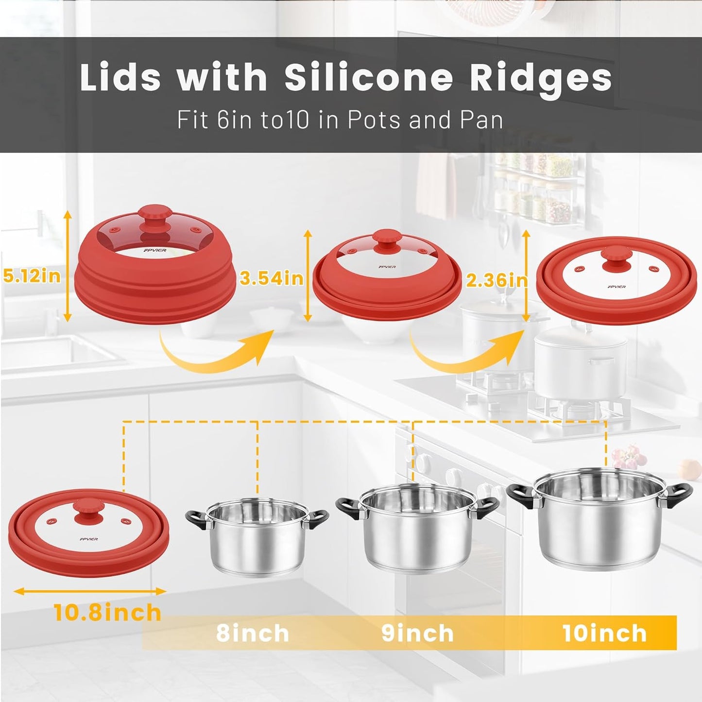 Collapsible Microwave Splatter Cover - Vented Silicone & Glass Lid with Easy-Grip Handle, Fits 6 to 10 Inch Plates & Bowls, 10.8 Inch Diameter, Prevents Splatters & Ensures Even Heating