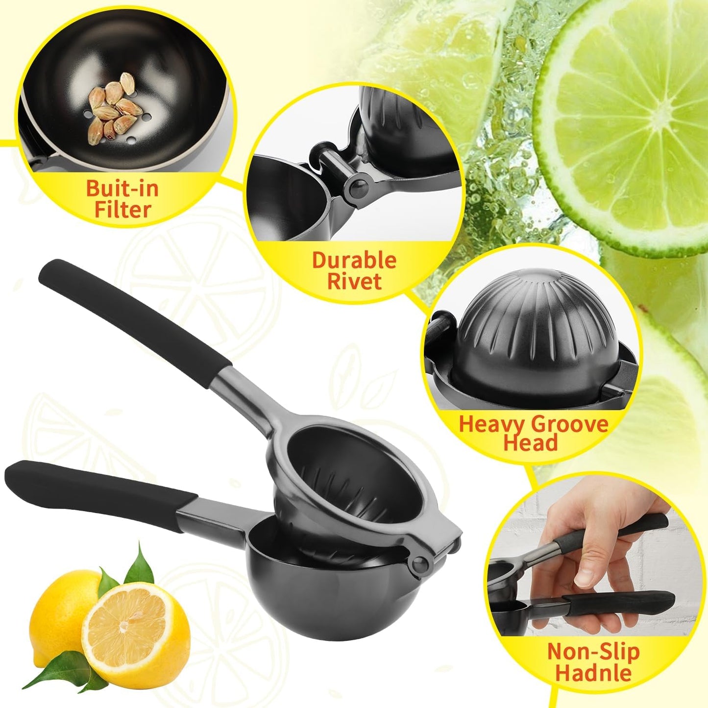 Lemon Squeezer,304 Stainless Steel Citrus Press Juicer,Non-Slip Grip Design Manual Juicer,Heavy Duty Manual Citrus Press Juicer & Lime Squeezer-Grey & BLack