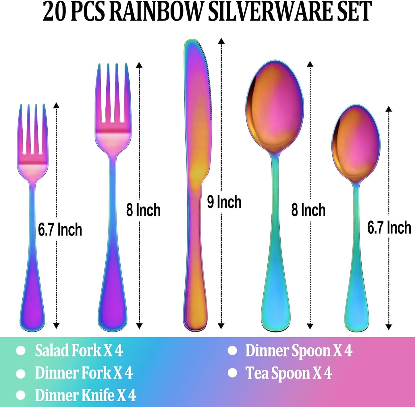 20 Pcs Rainbow Silverware Set Service for 4,Stainless Steel Flatware Serving Sets,Kitchen Tableware Set,Utensil Set for Home and Restaurant,Knives Forks Spoons Set,Mirror Polished,Dishwasher Safe