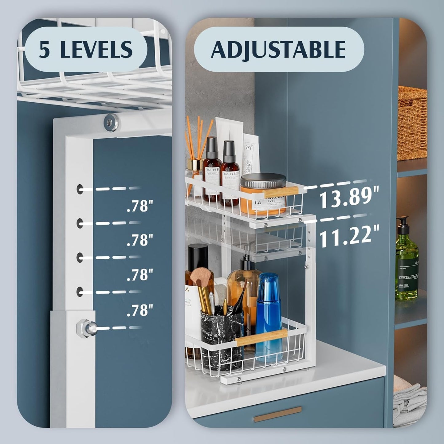 2 Pack Under Sink Organizers and Storage, Height Adjustable Under Sink Storage, Under Cabinet Organizer, Metal 2 Tier Pull out Cabinet Organizer, Bathroom Organizers and Storage, White