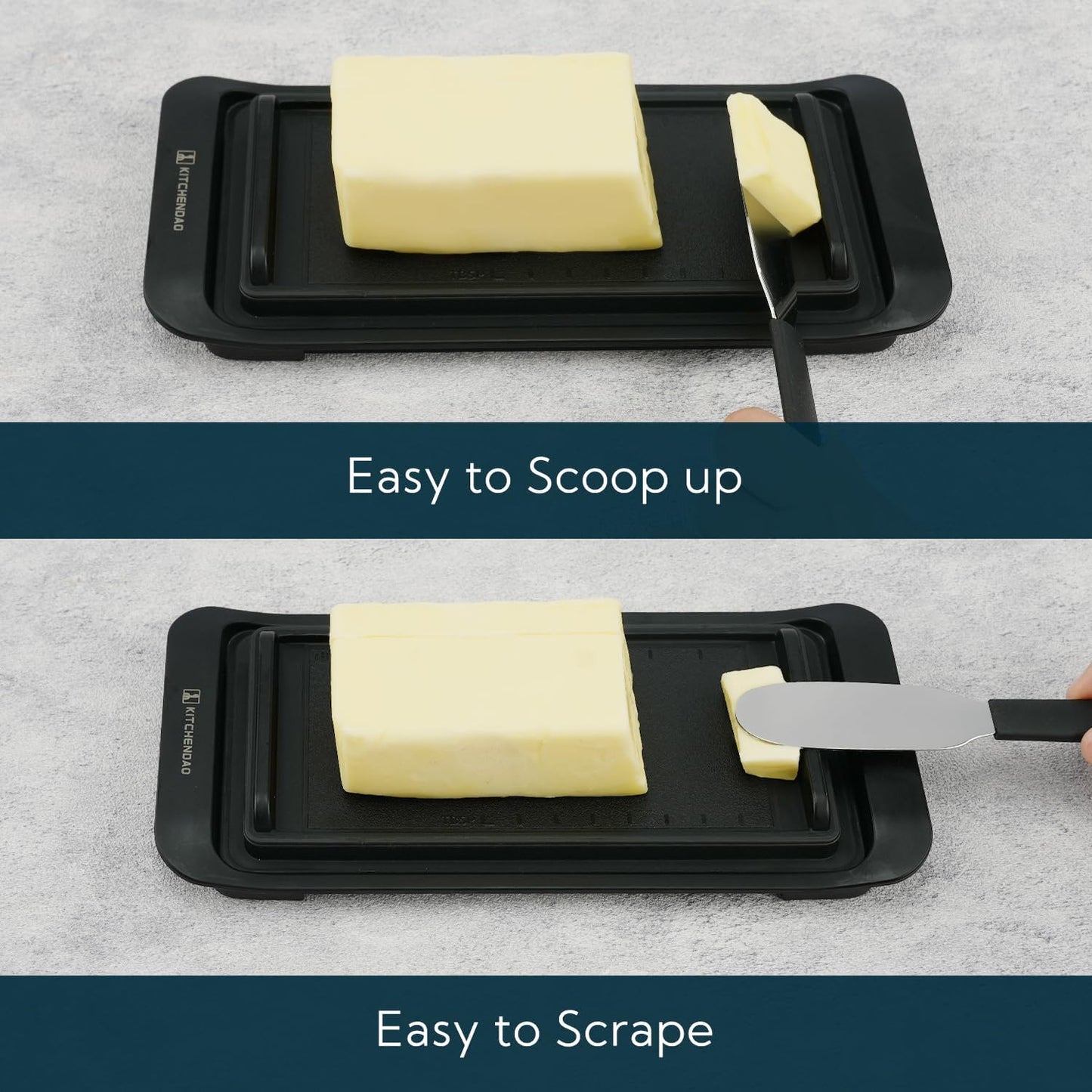 KITCHENDAO Airtight Butter Dish with Lid for Countertop and Fridge, Dishwasher Safe, BPA Free Wide Plastic Butter Keeper for 2 Sticks East Coast/West Coast/European Style/Kerrygold Butter, Black