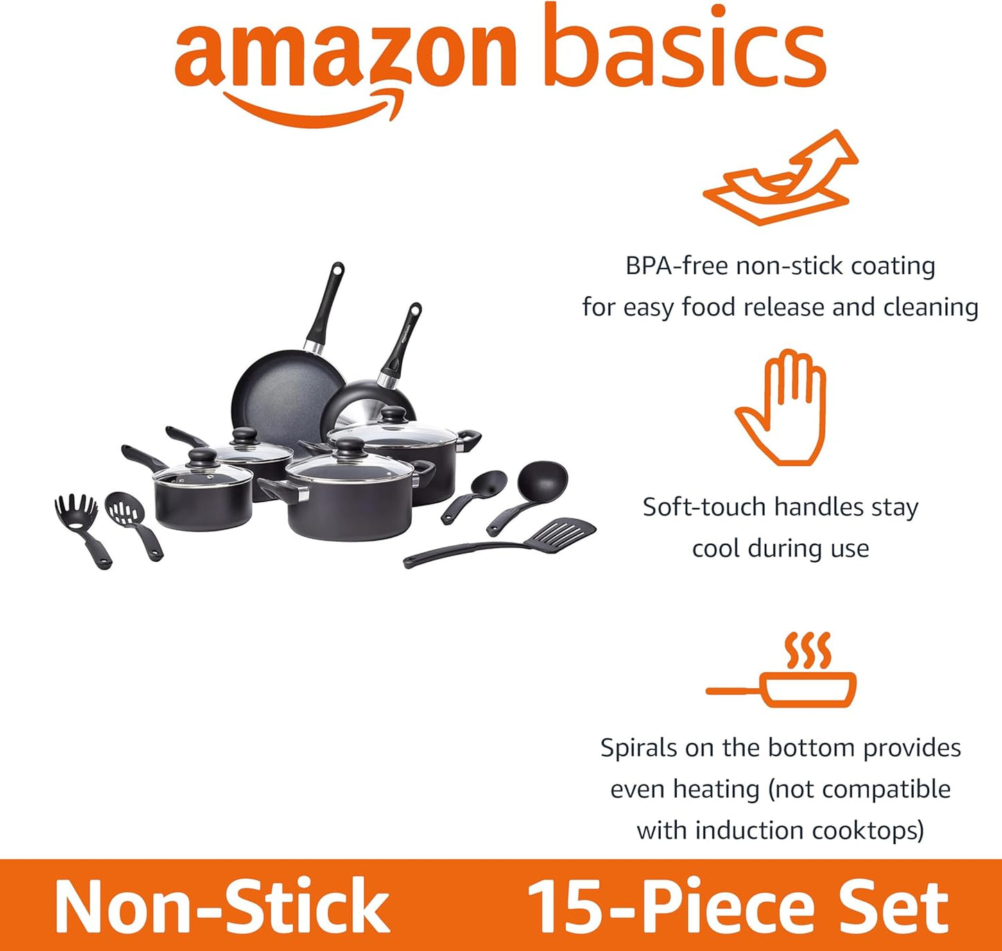 Amazon Basics Non Stick Kitchen Cookware 15-Piece Set, Non-Induction, Includes Pots, Pans, and Utensils, Black
