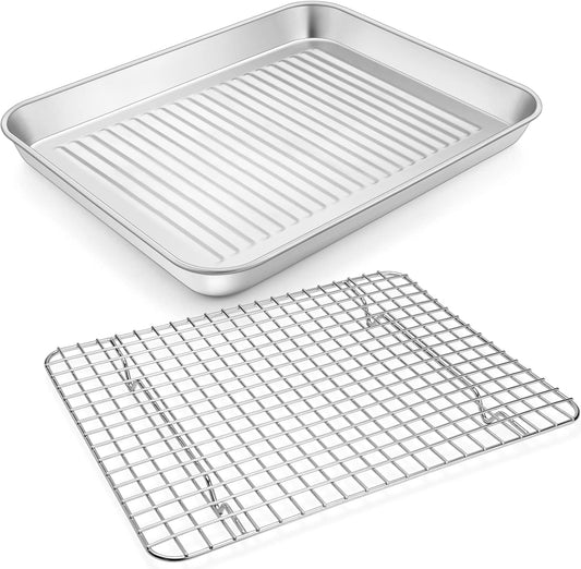 P&P CHEF Baking Oven Pan with Wire Rack, Stainless Steel Baking Oven Sheet Tray, Bacon Pan and Cooling Rack for Cooking Roasting Cookie, Dishwasher Safe & Easy Clean, 12.5 x 9.7 x 1 Inch