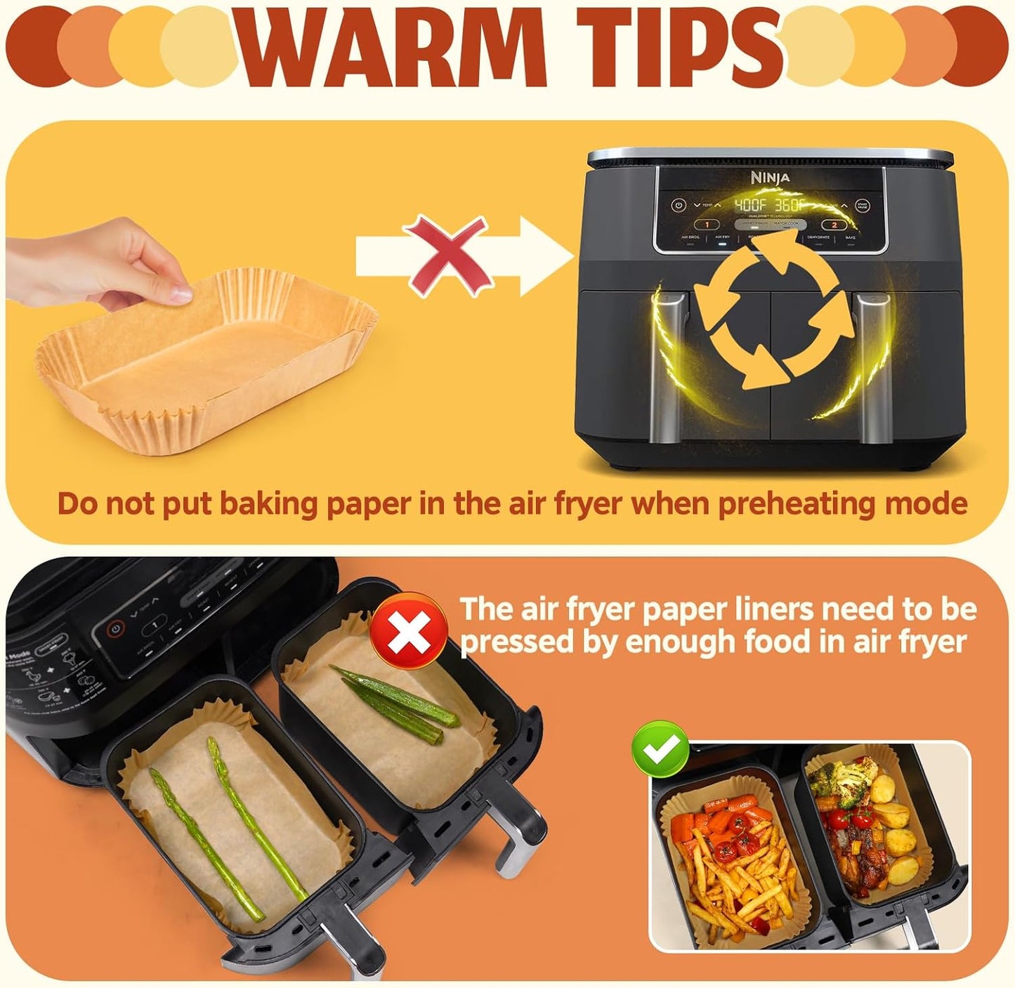 Air Fryer Liners Disposable, Airfryer Paper Liners, 125Pcs Non-stick Oil Resistant Air Fryer Liners Square, Parchment Liners 8.6" * 5.5", Fit for Most Ninja Dual Airfryer, Microwaves, Ovens