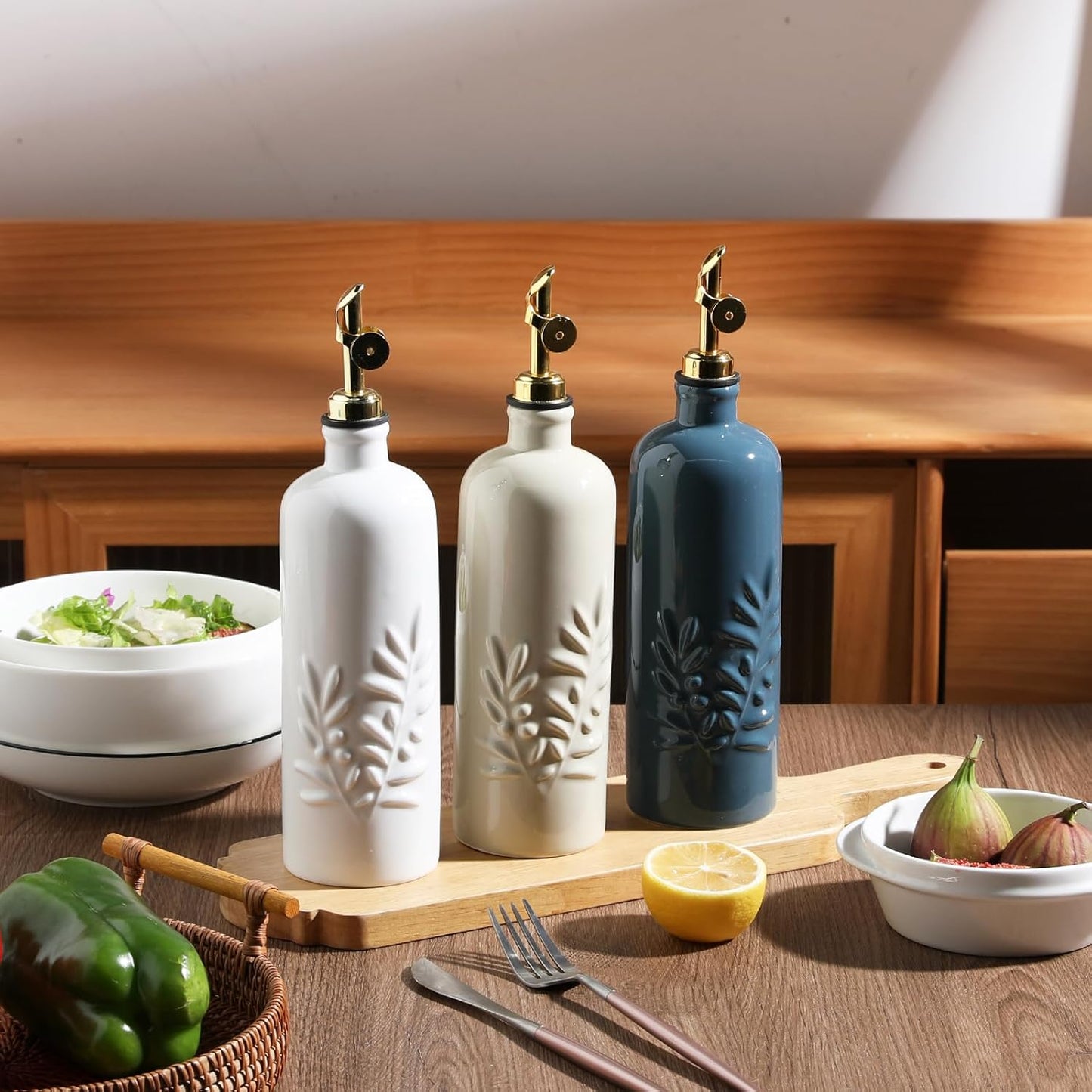 Sweejar 18 Oz Oil Dispenser for Kitchen with Gravity Spout, Ceramic Olive Oil Dispenser Bottle, Relief Opaque Vinegar Container for Evoo, Vinegar, Soy Sauce, Pack of 1(Fogbule, Gold Spout)