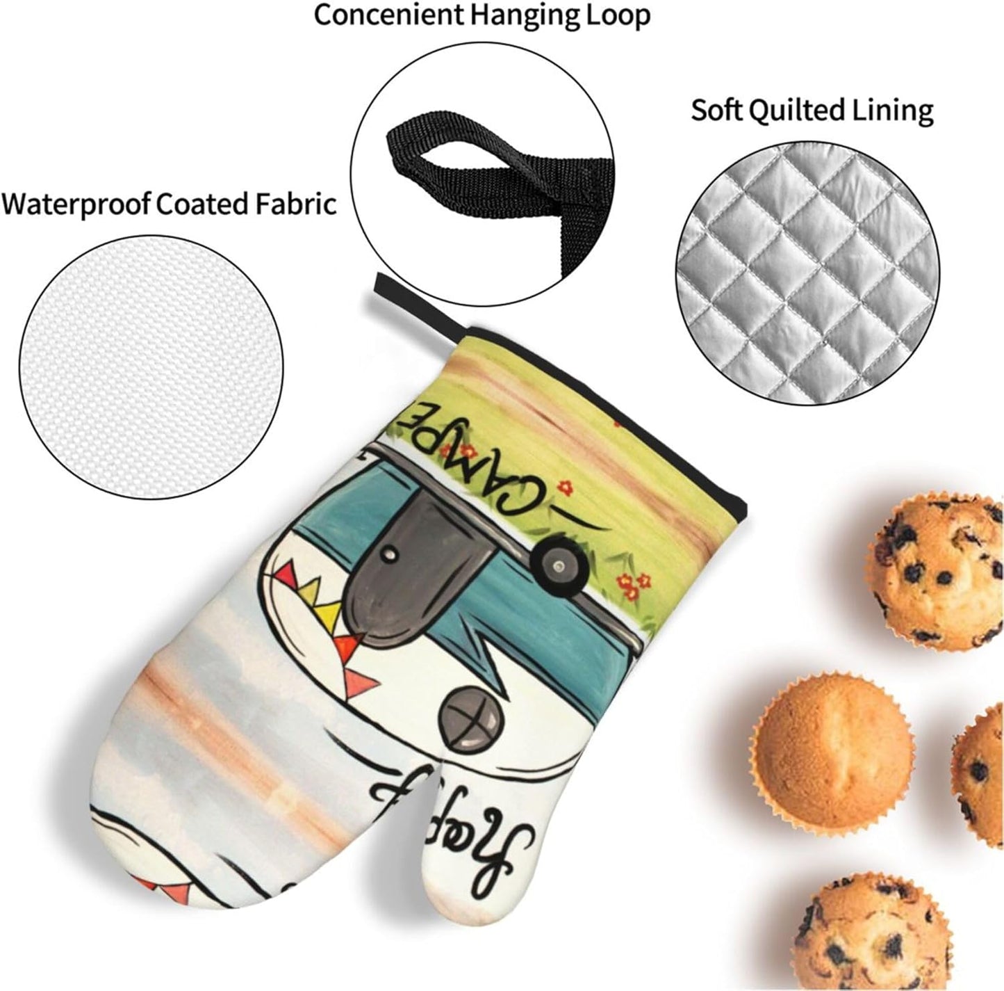 Happy Camper Oven Mitts and Pot Holders Sets of 4,Resistant Hot Pads with Polyester Non-Slip BBQ Gloves for Kitchen,Cooking,Baking,Grilling