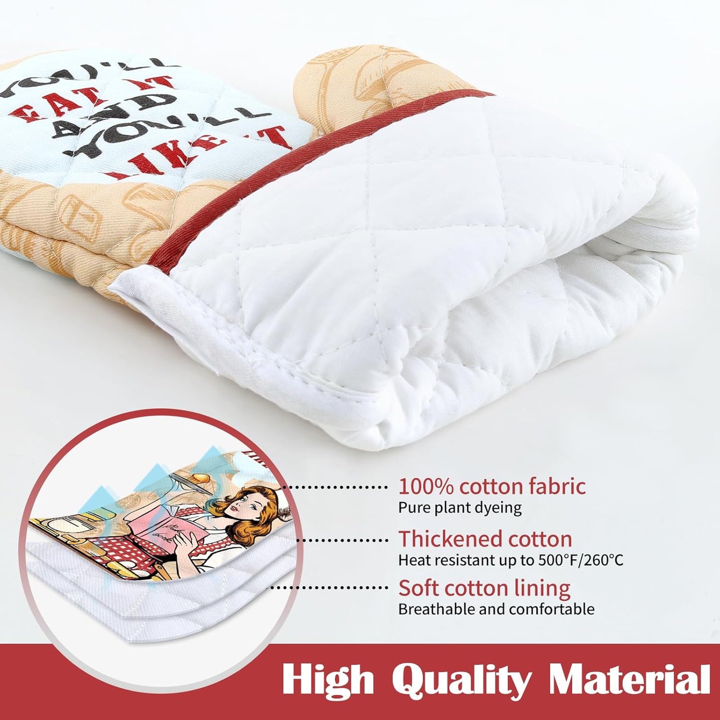 Retro Housewife Oven Mitts and Pot Holders Sets 2Pcs, 100% Cotton Heat Resistant, Extra Long Oven Gloves Potholder for Kitchen Cooking Baking Decoration