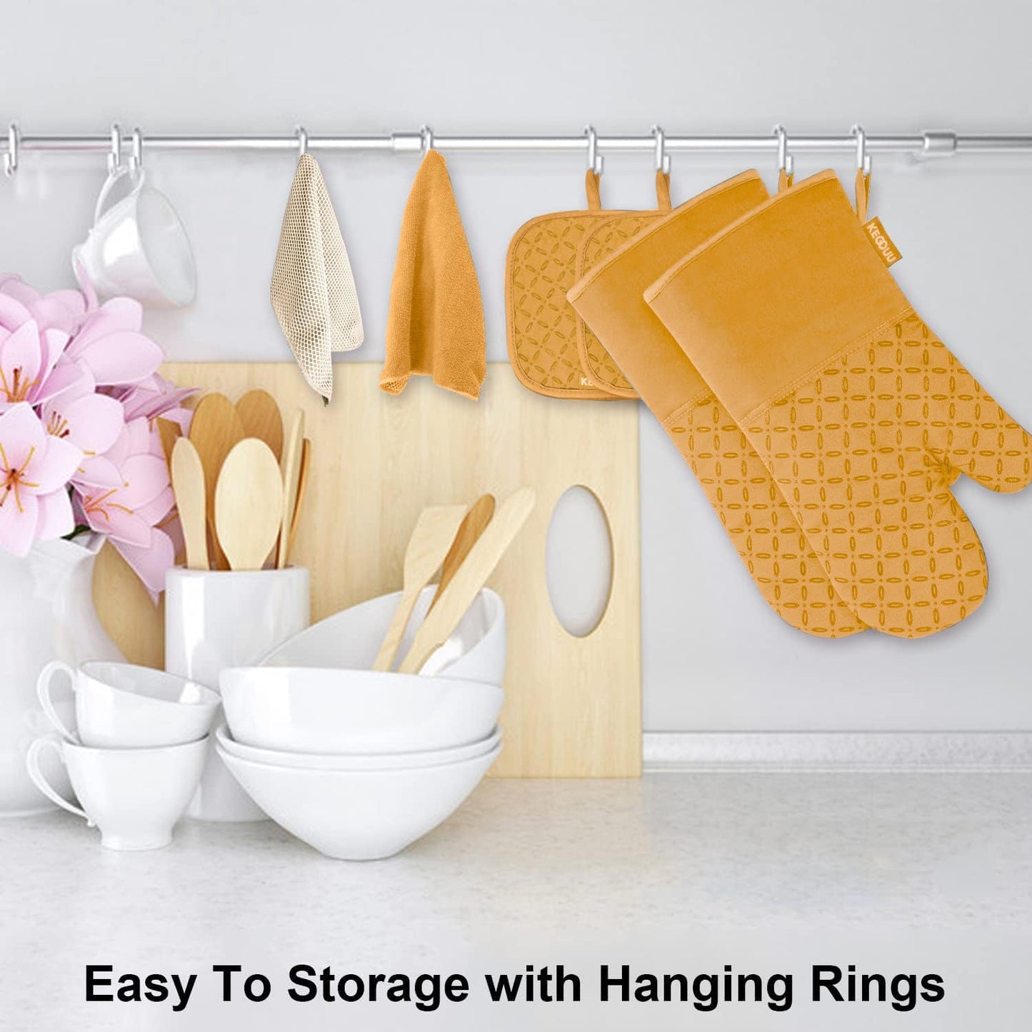 KEGOUU Oven Mitts and Pot Holders 6pcs Set, Kitchen Oven Glove High Heat Resistant 500 Degree Extra Long Oven Mitts and Potholder with Non-Slip Silicone Surface for Cooking （Orange）