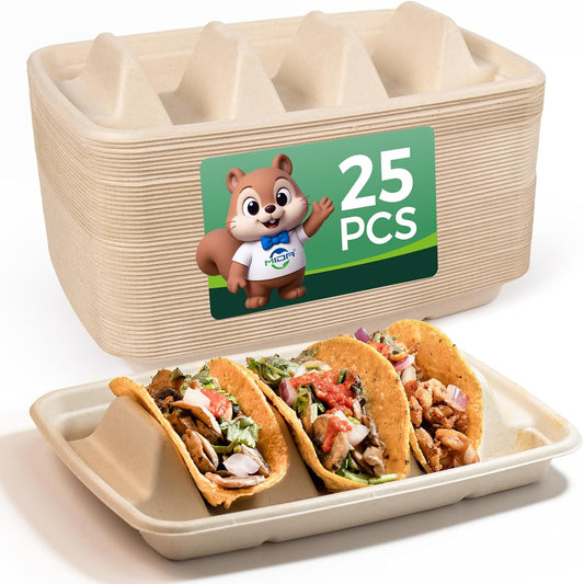 25-Pack 100% Compostable Biodegradable Paper Taco Holders, Eco-Friendly Disposable Paper Taco Tray for Taco Tuesday, Lazy Susan Taco Bar (25-pack)