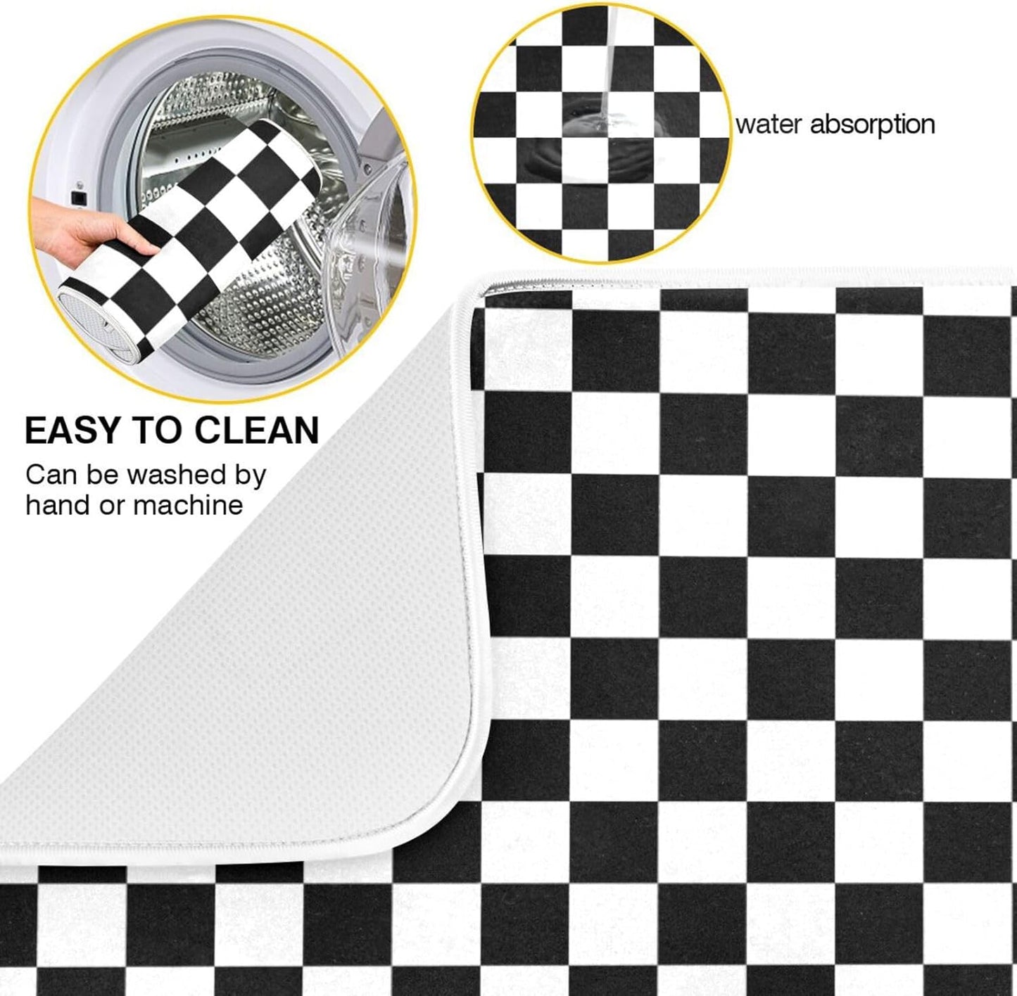 Black White Checkered Pattern Dish Drying Mat for Kitchen Counter Absorbent Microfiber Drying Pad, Large 18x24 in, Reversible Drainer Mats