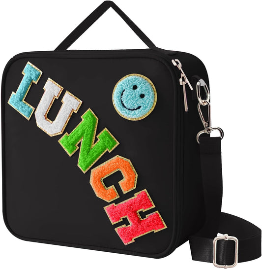 Insulated Lunch Bag With Adjustable Shoulder Strap, Nylon Preppy Lunch Box Large Insulated Lunch Bag Reusable Lunch Tote Bag with Smiley Preppy LunchBag for Girls School Travel Picnic (Black)