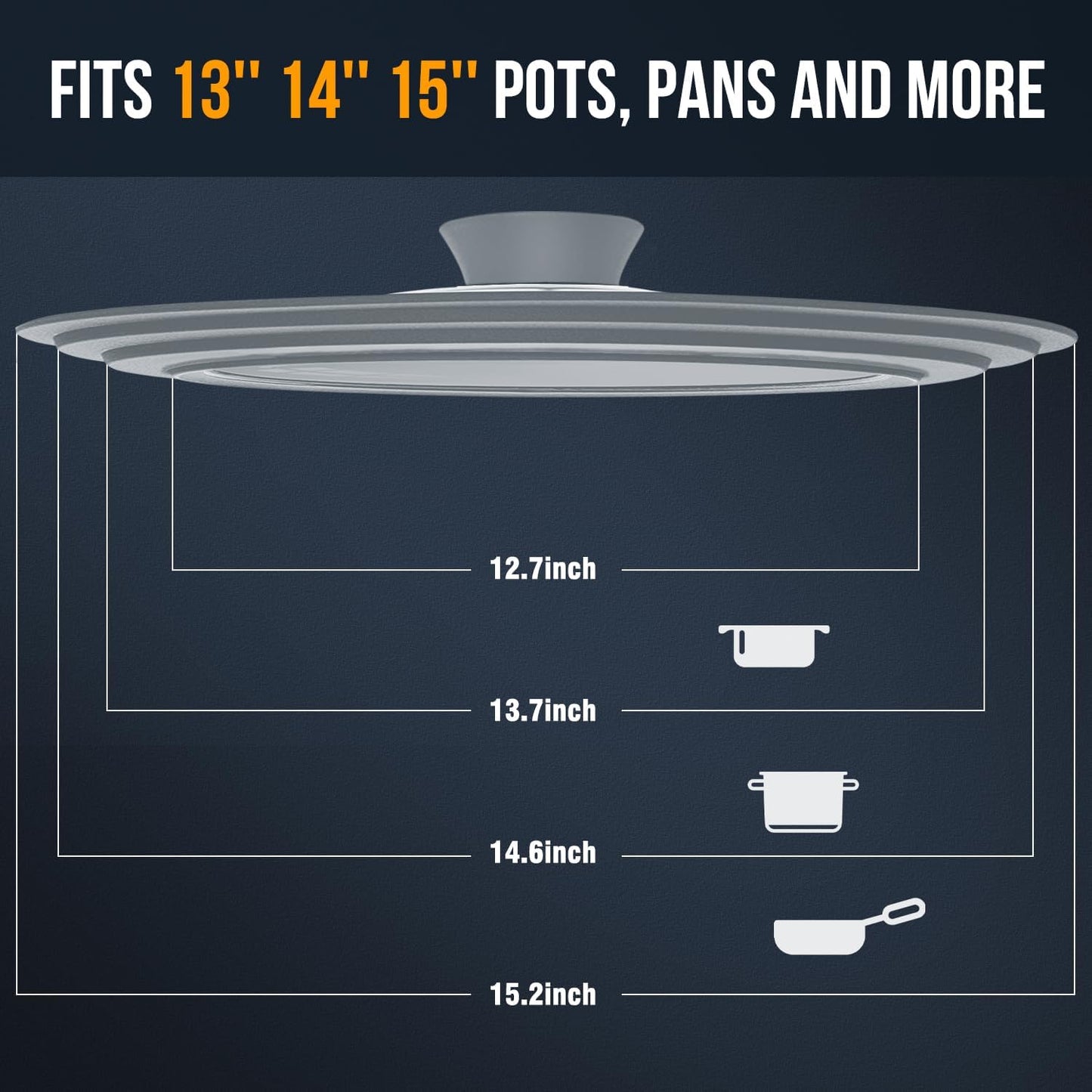 Walfos Universal Lid for 13", 14" and 15" Diameter Cookware - Tempered Glass Pan Lid with Heat Resistant Silicone Rim, BPA Free Pot Lids, Fits Pots, Pans and Skillets, Dishwasher-Safe, Gray