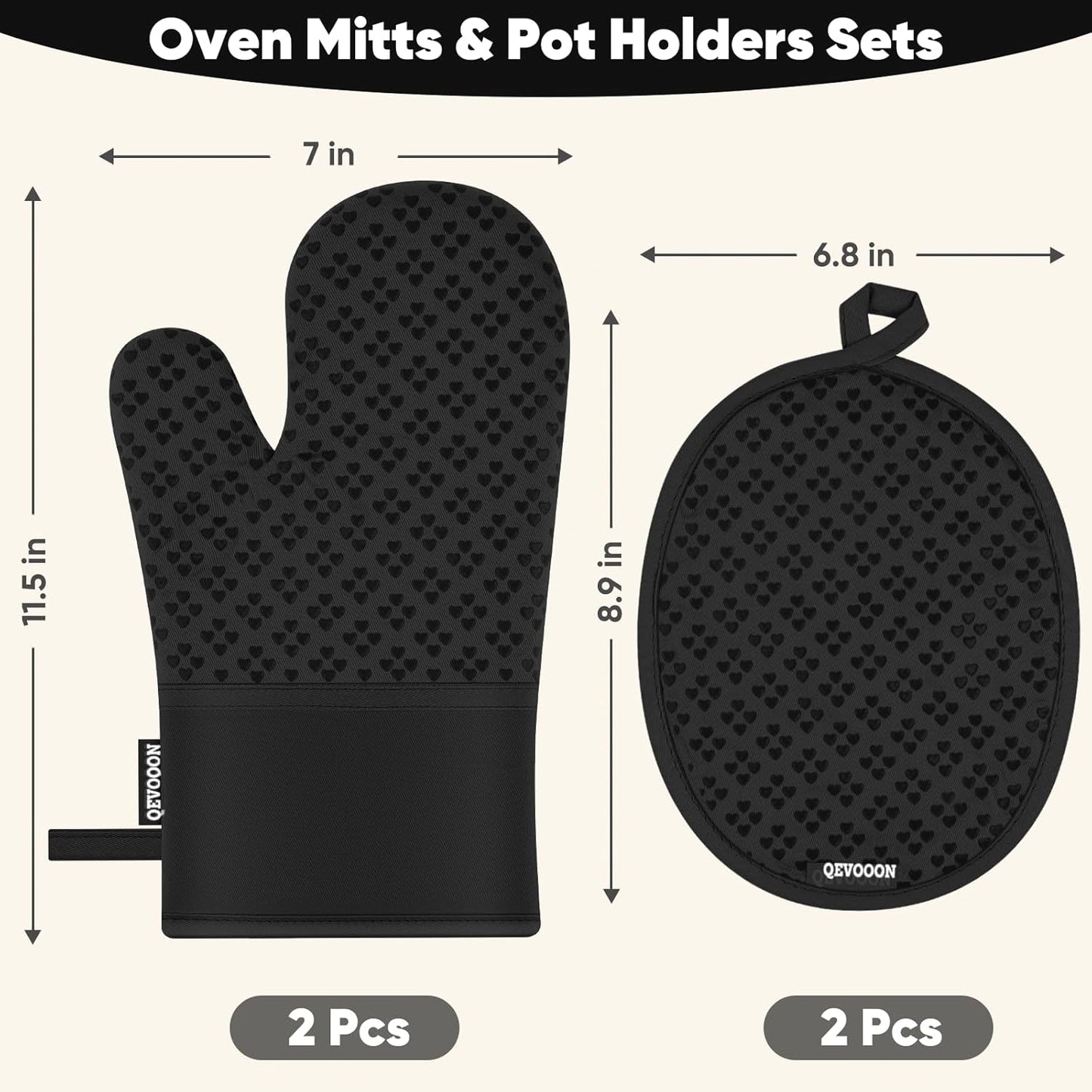 Oven Mitts and Pot Holders 4 Sets, Heat Resistant 500 ℉ Oven Mitt and Pot Holder,Oven Glove&Potholders with Non-Slip Silicone Surface,Kitchen Essentials for Cooking/Baking/BBQ-Black