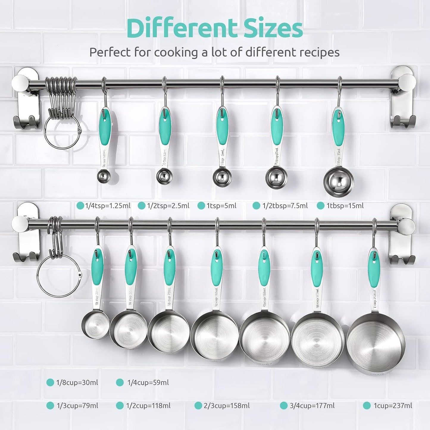 Measuring Cups and Spoons Set: U-Taste 18/8 Stainless Steel 12 Pieces Metal Stacking Kitchen Baking Cooking Food Measure Set 7 Cups 5 Spoons with Strengthened Weld Joints (Aqua Sky)