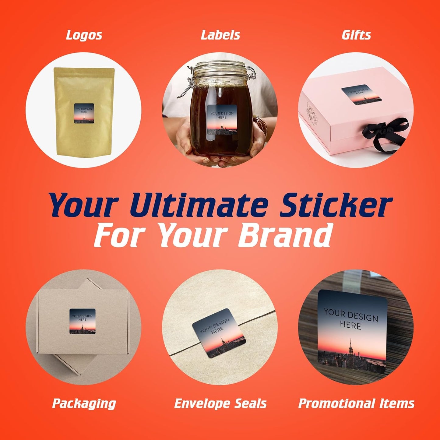 100 Custom Vinyl Stickers - Upload Your own Image, Text, Design, Logo - Personalized Logo Labels for Handmade, Packaging, Bottle, Jars, Candle, Brand Stickers (City, 3x3 Square)