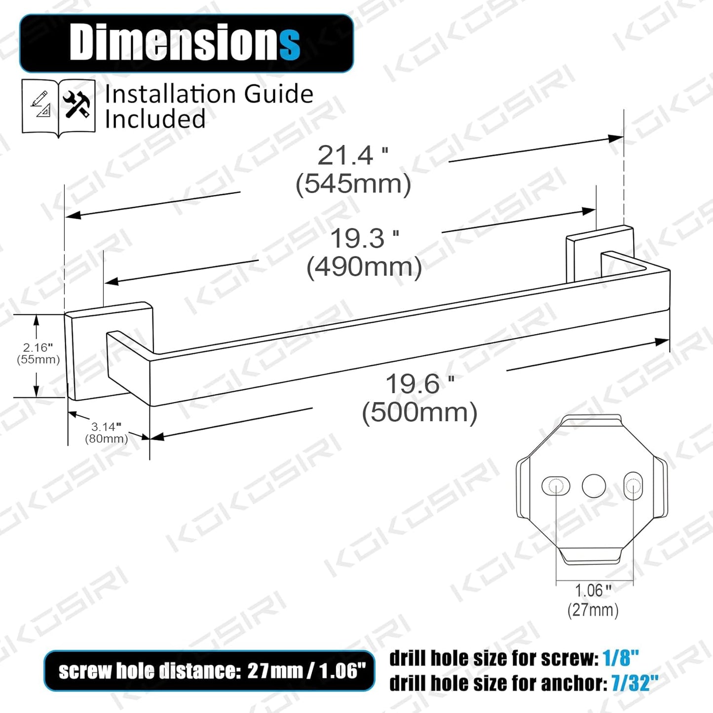 KOKOSIRI 20-Inch Single Towel Bar, Bathroom Kitchen Towel Holder, Wall Mounted SUS304 Stainless Steel Towel Rack, Polished Chrome, B4003CH-L20