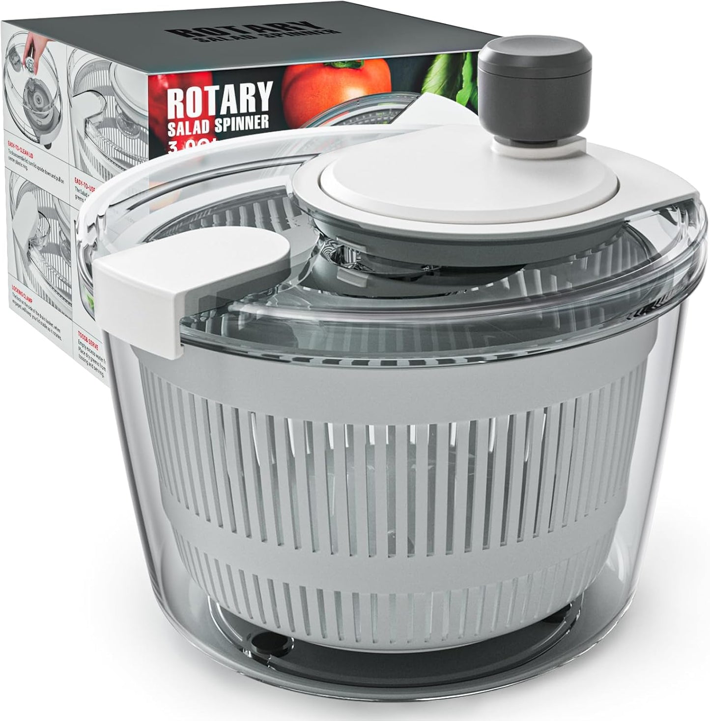 Cambom Salad Spinner Lettuce Spinner, Wash, Spin & Dry Salad Greens, Vegetable Washer Salad Dryer With Rotary Handle for Fruits & Vegetables, High Efficiency Vegetable Spinner Kitchen Gadget 3Qt White