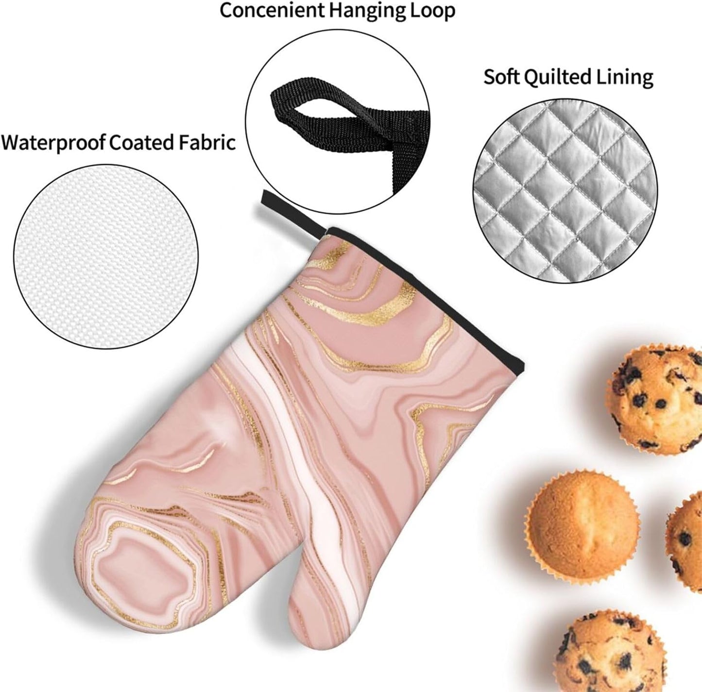 Pink Golden Marble Oven Mitts and Pot Holders Sets of 3 Heat Resistant Hot Pads Rose Pink Modern Oven Gloves for Kitchen Cooking BBQ Baking